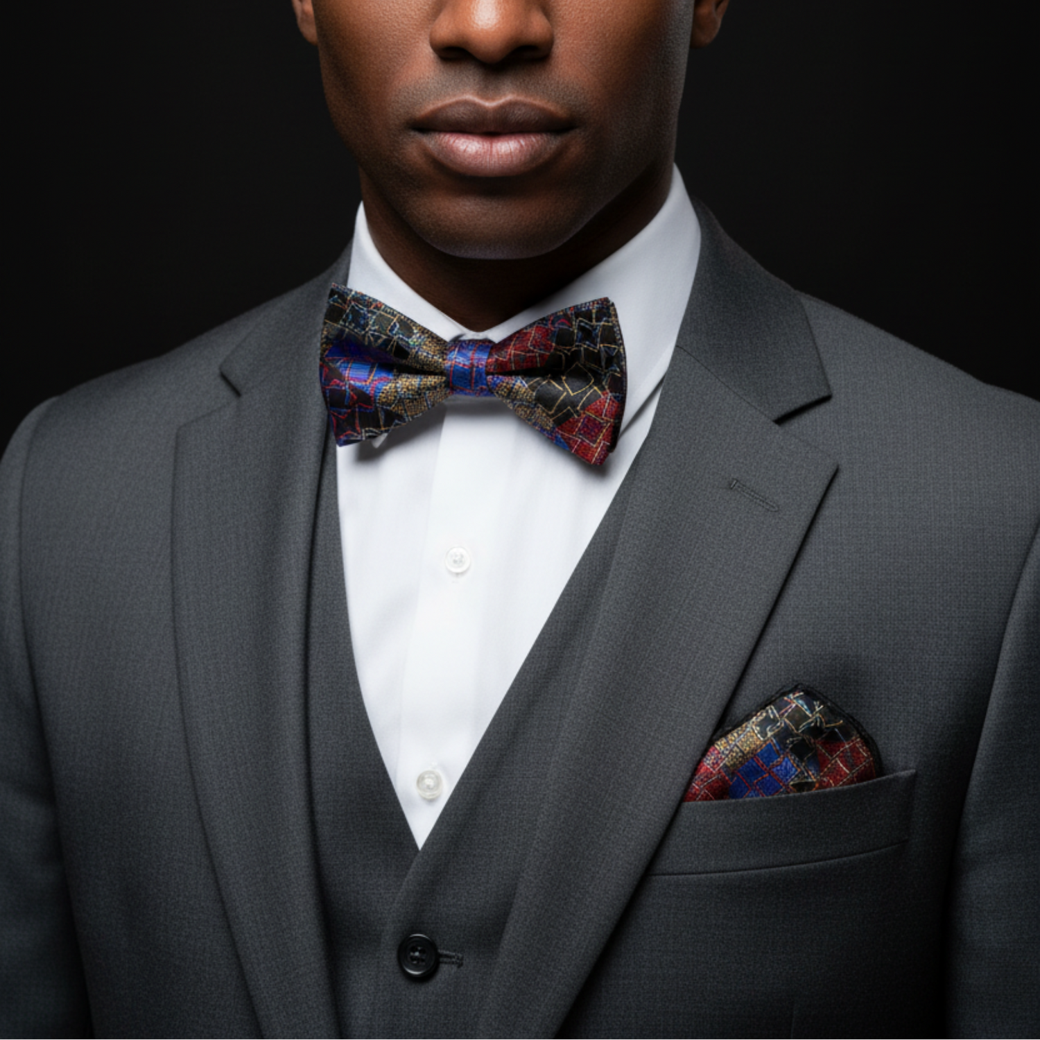 Man wearing a gray suit with a colorful bow tie and pocket square against a black background