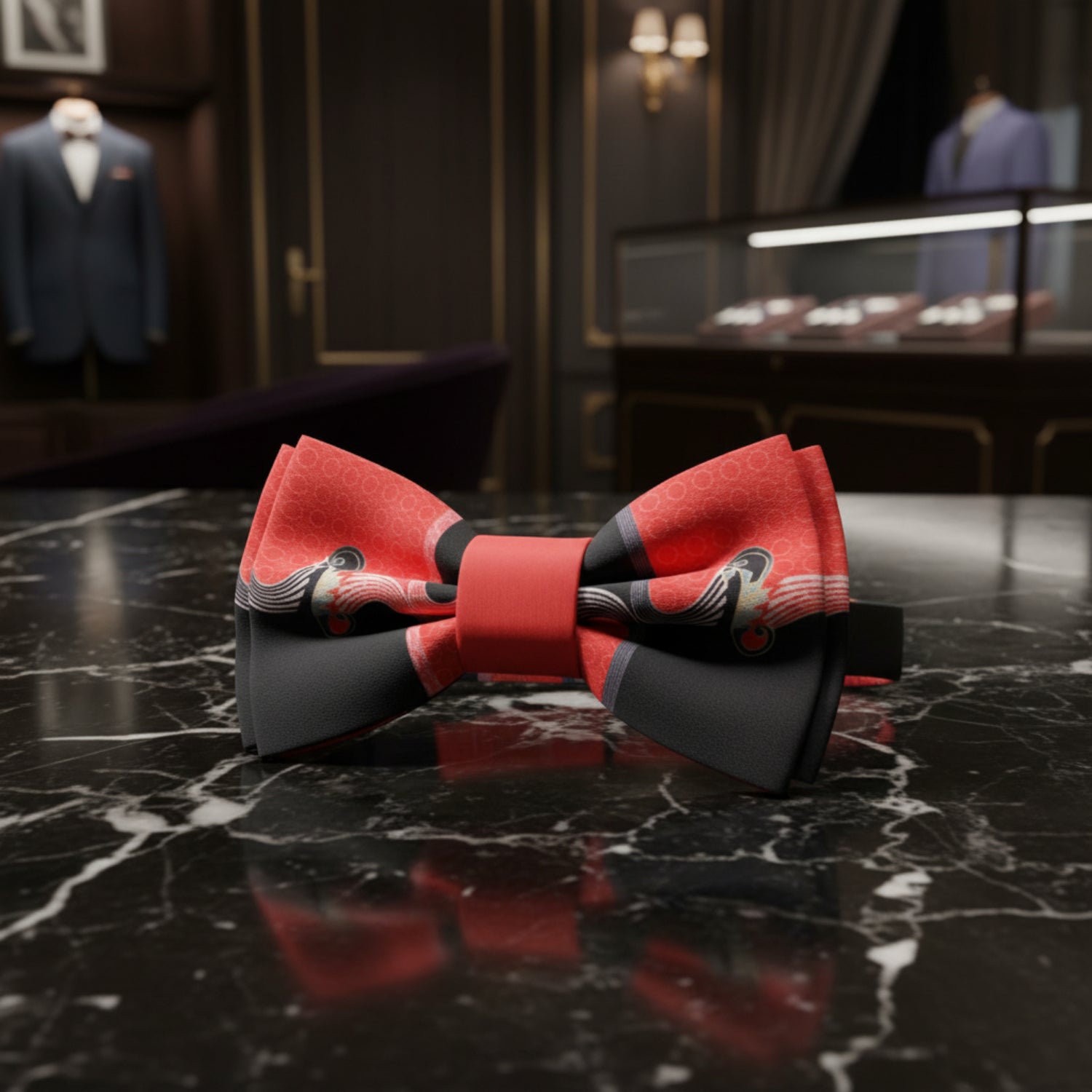 Red, Black Waves Pre Tied Bow Tie 