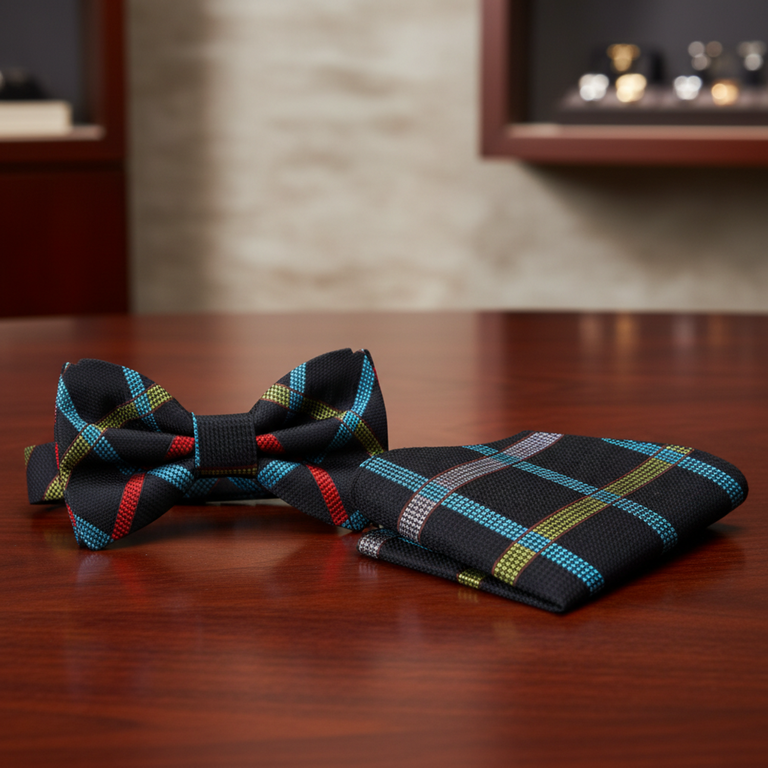 Black, Red, Yellow and Grey Plaid Bow Tie and Pocket Square