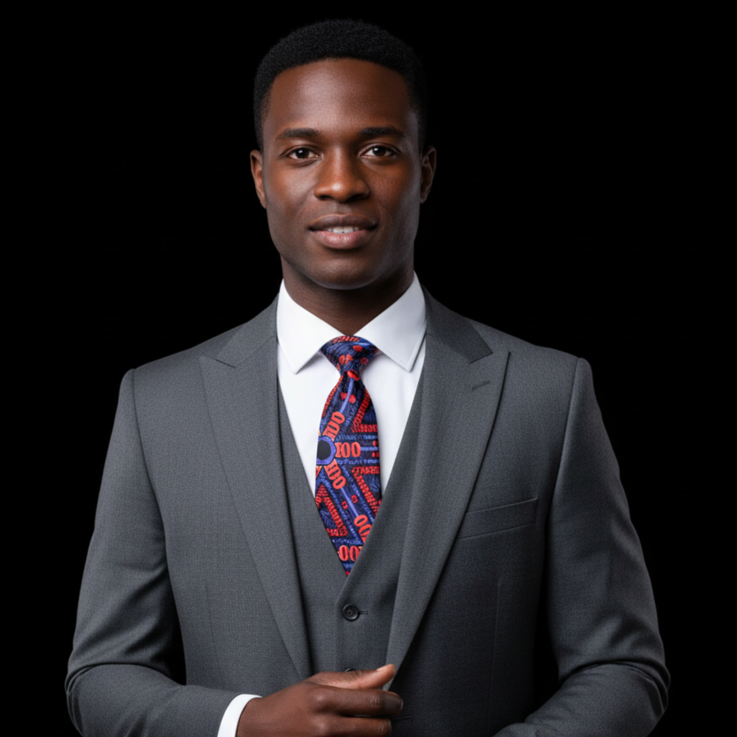 Man wearing blue red and black abstract necktie and grey suit