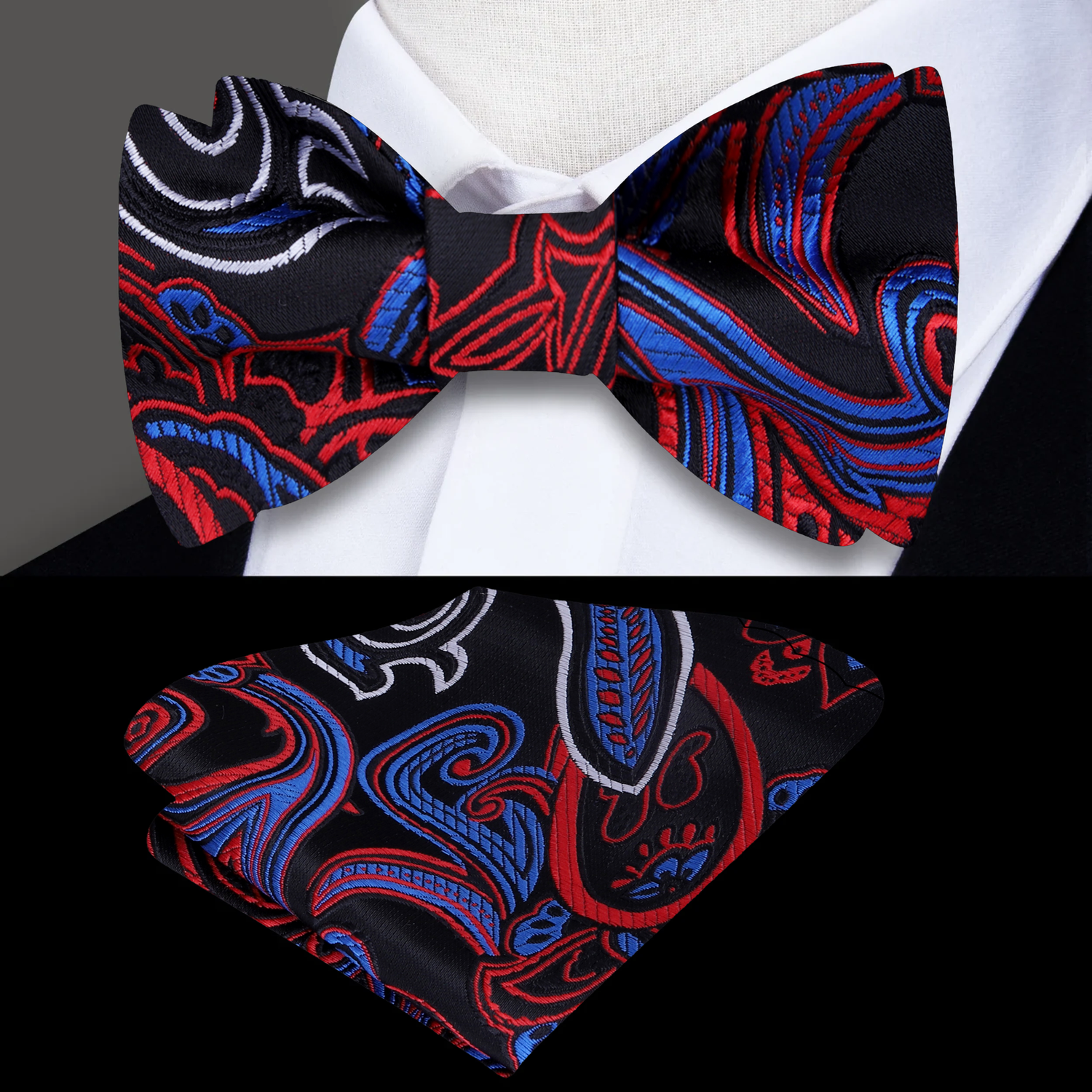A Black, Red, Blue, White Paisley Pattern Silk Self Tie Bow Tie, Matching Pocket Square