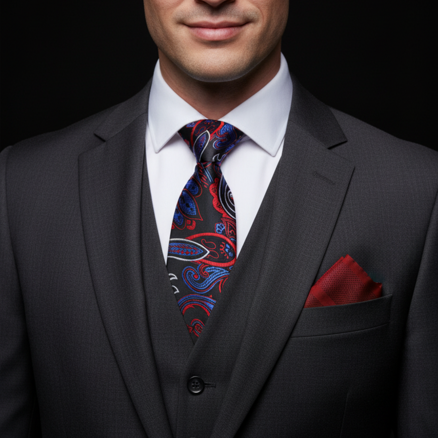 Man wearing a gray suit with a colorful tie and red pocket square on a black background