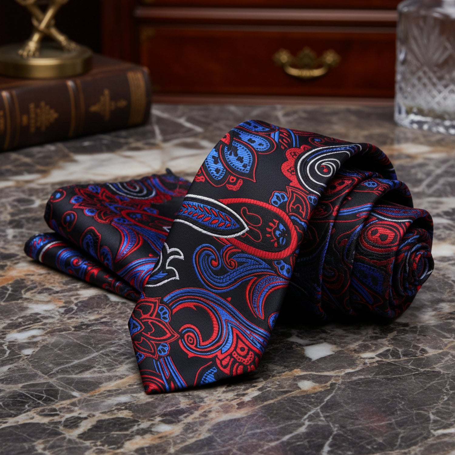 Alt Blue and red Paisley Necktie and Matching Square
