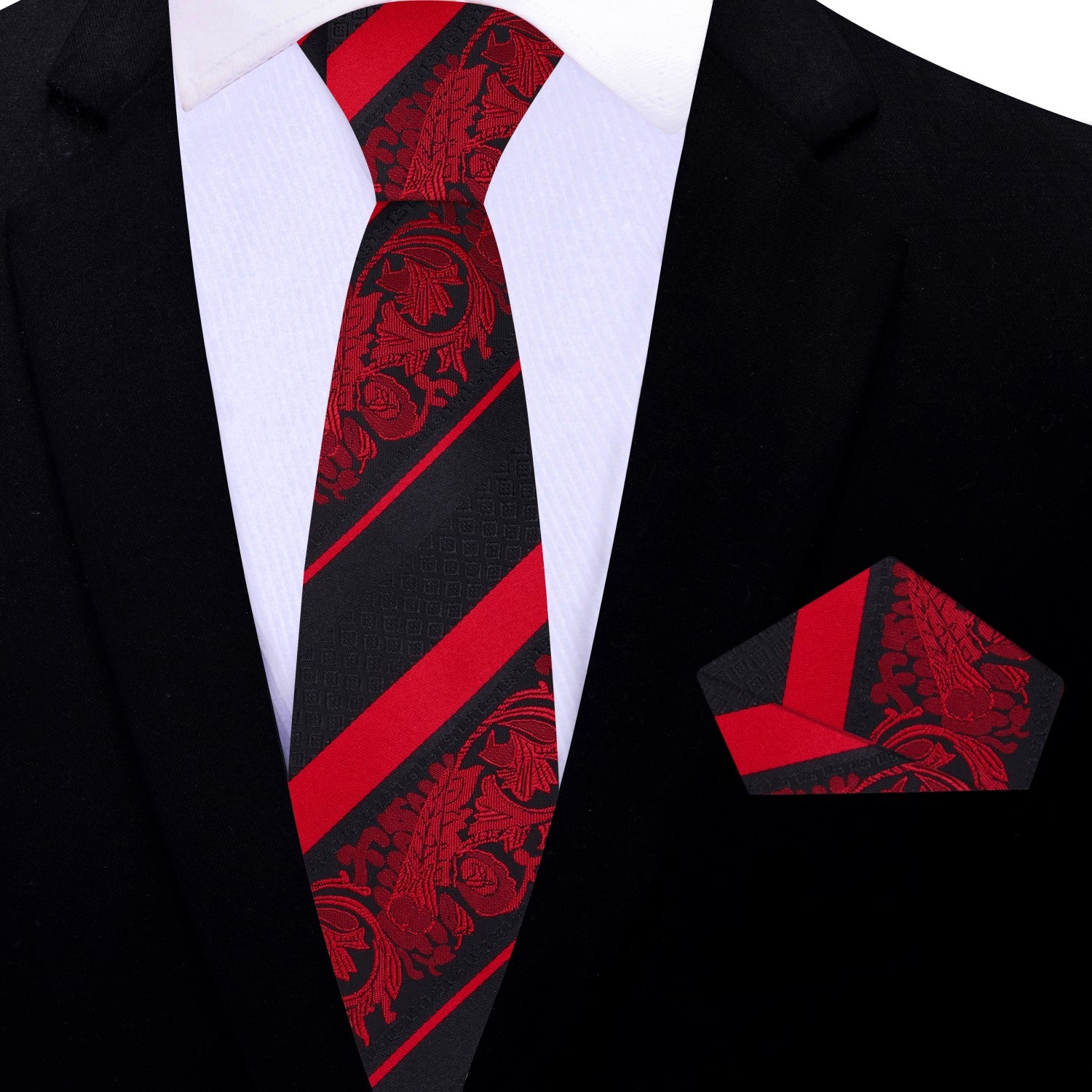 Thin Black Red Cadenza Tie and Square