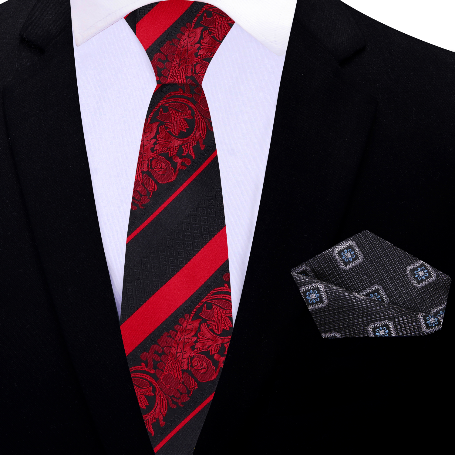 Thin Black, Red Paisley Necktie and Charcoal Medallion Square
