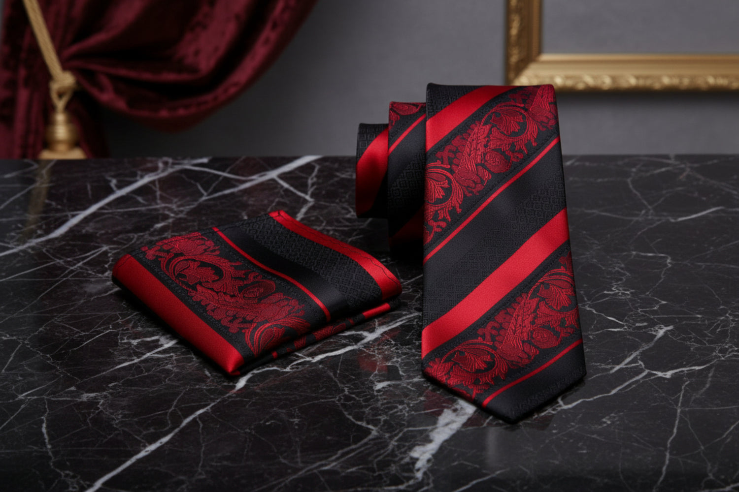 Black and red patterned tie and pocket square with yellow roses on a gray surface