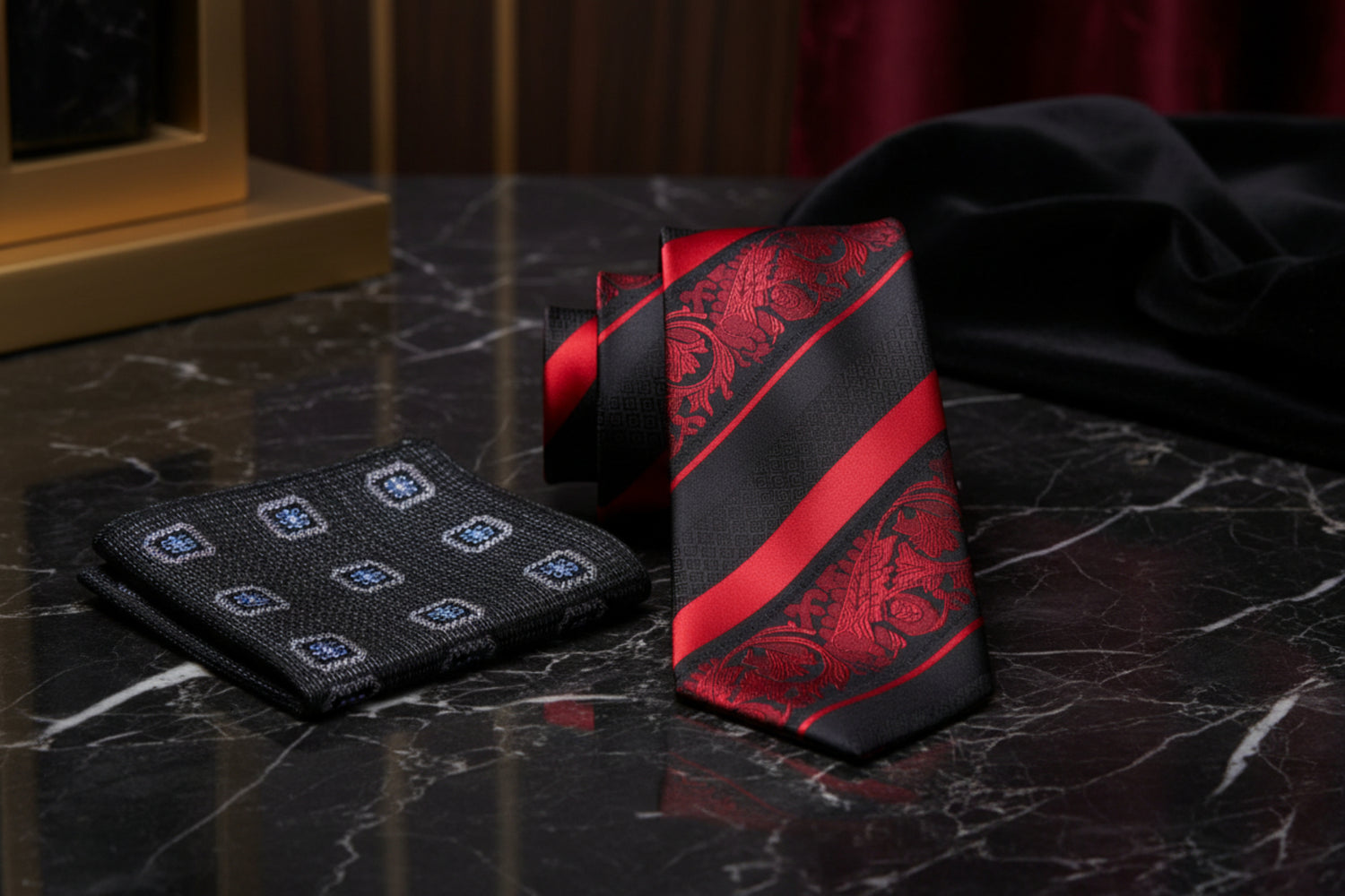 Alt Black, Red Paisley Necktie and Charcoal Medallion Square