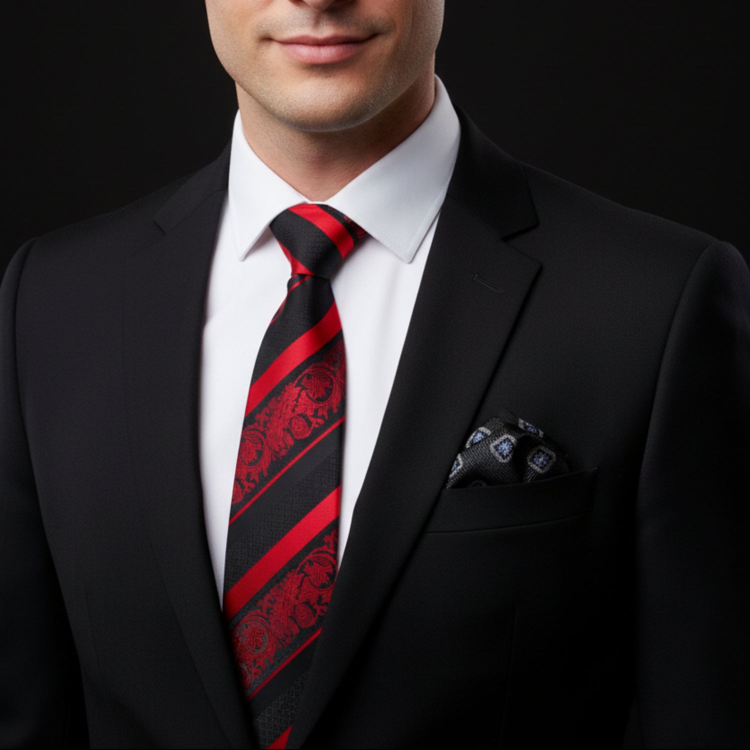 Man wearing a black suit with a red and black striped tie on a dark background
