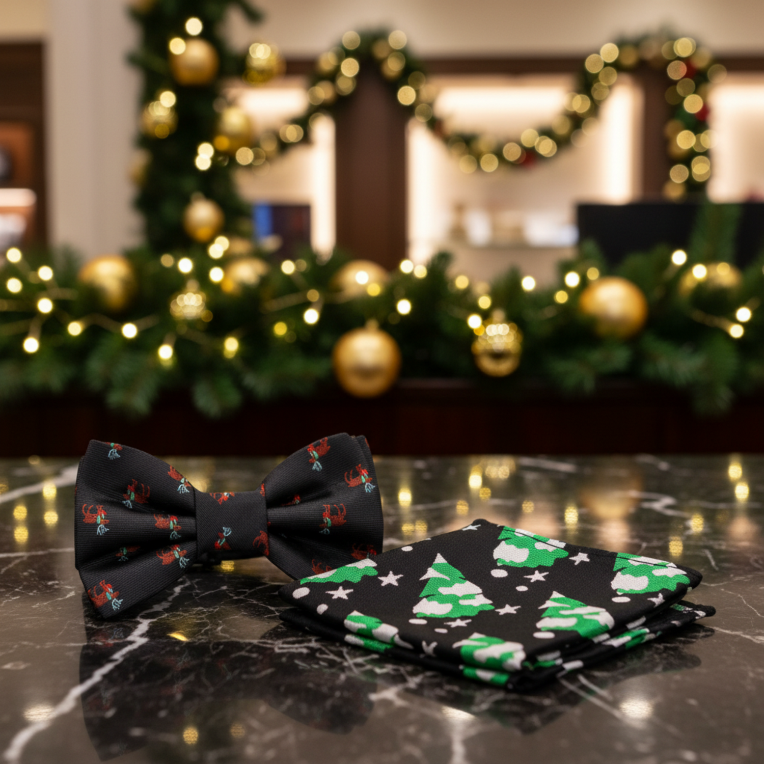 Black, Brown, Red, Green Reindeer Bow Tie and Christmas Tree Pocket Square