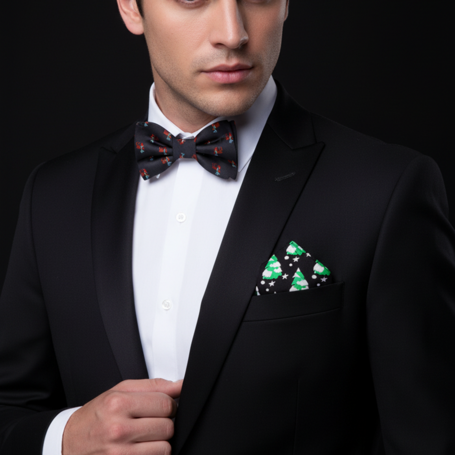Man wearing a black suit with a patterned bow tie and pocket square on a dark background