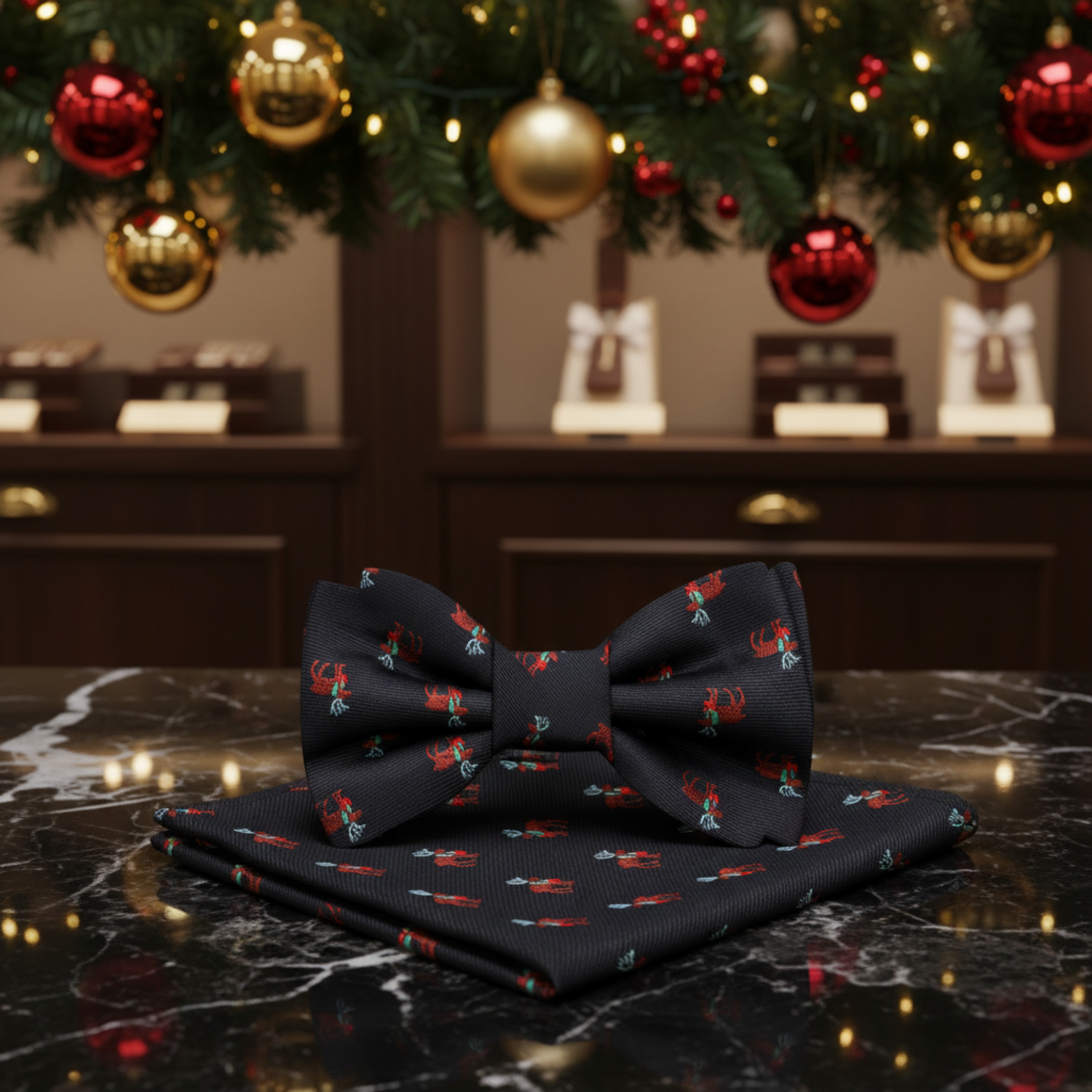 Black, Brown, Red, Green Reindeer Bow Tie and Pocket Square