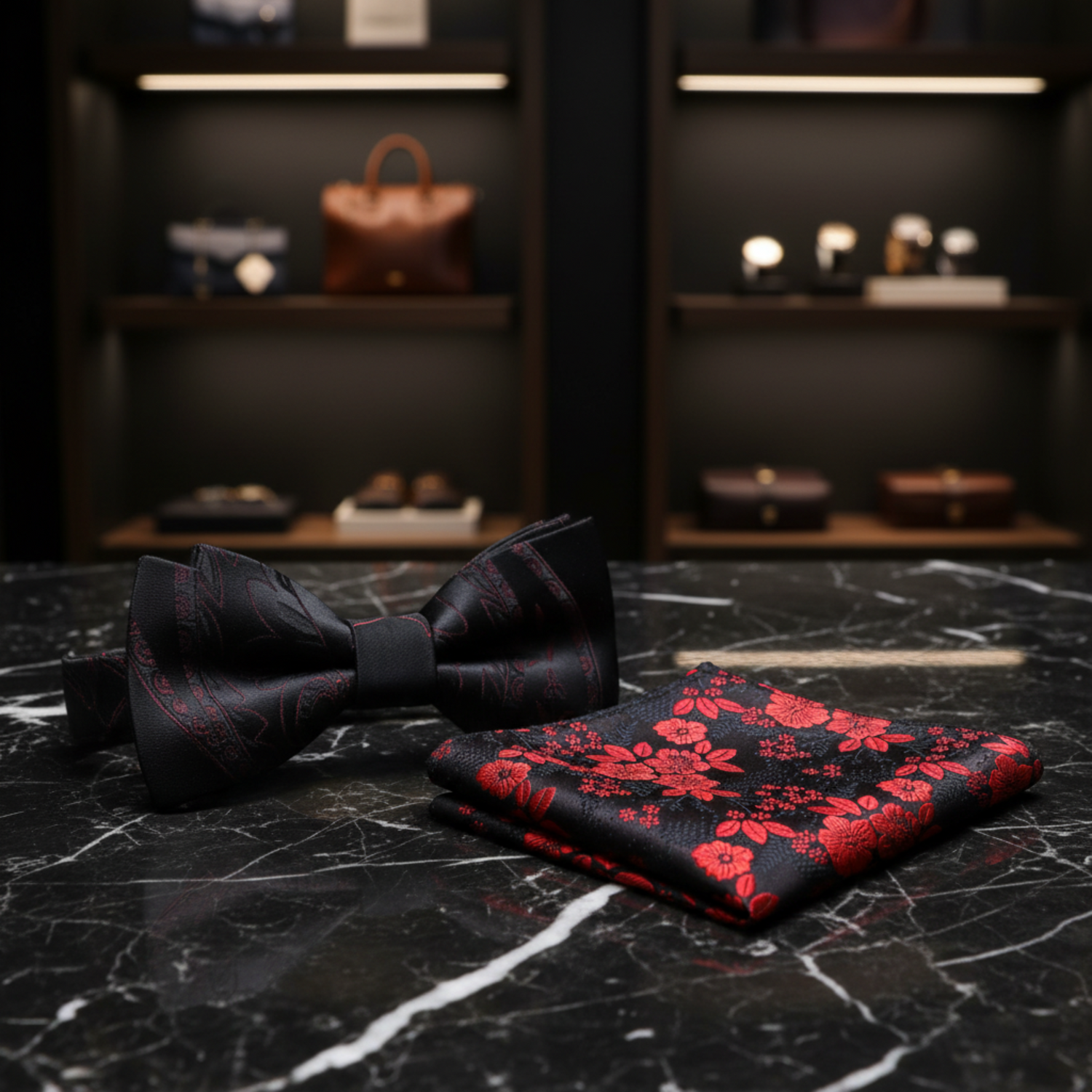 Black Red Daring Paisley Bow Tie and Accenting Square