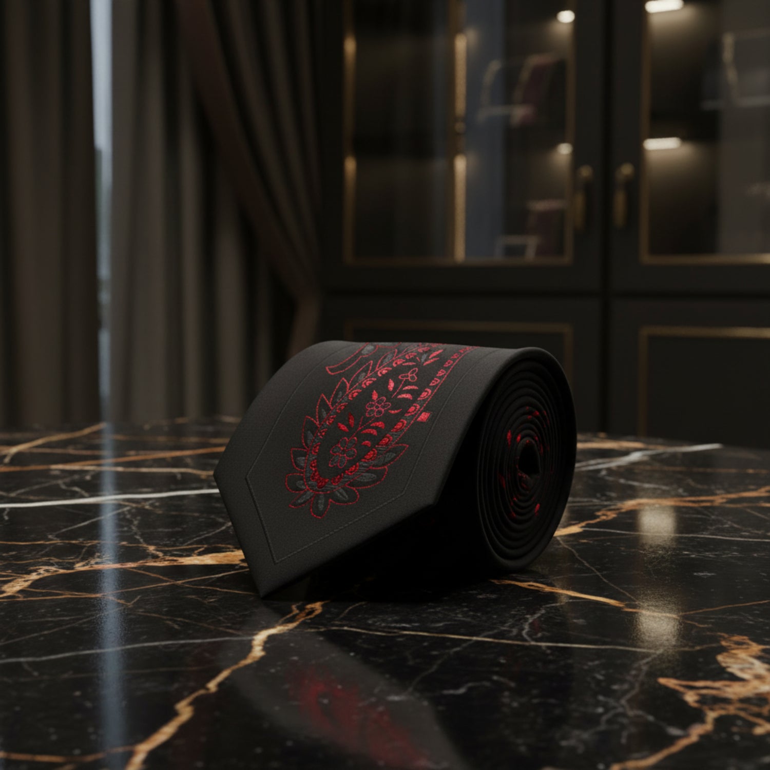 Black tie with red paisley embroidery 