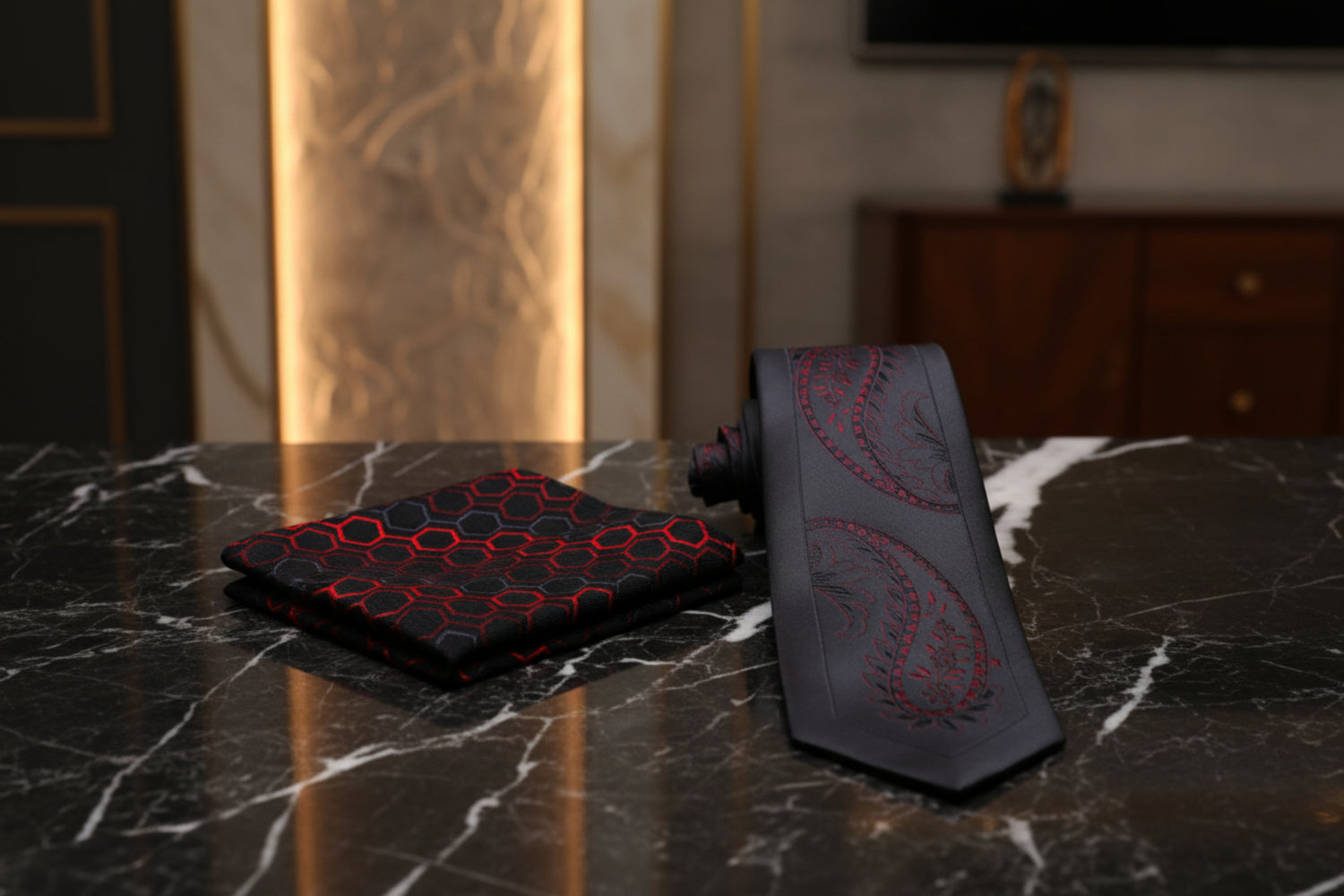 black and red paisley tie and accenting pocket square on black marble surface
