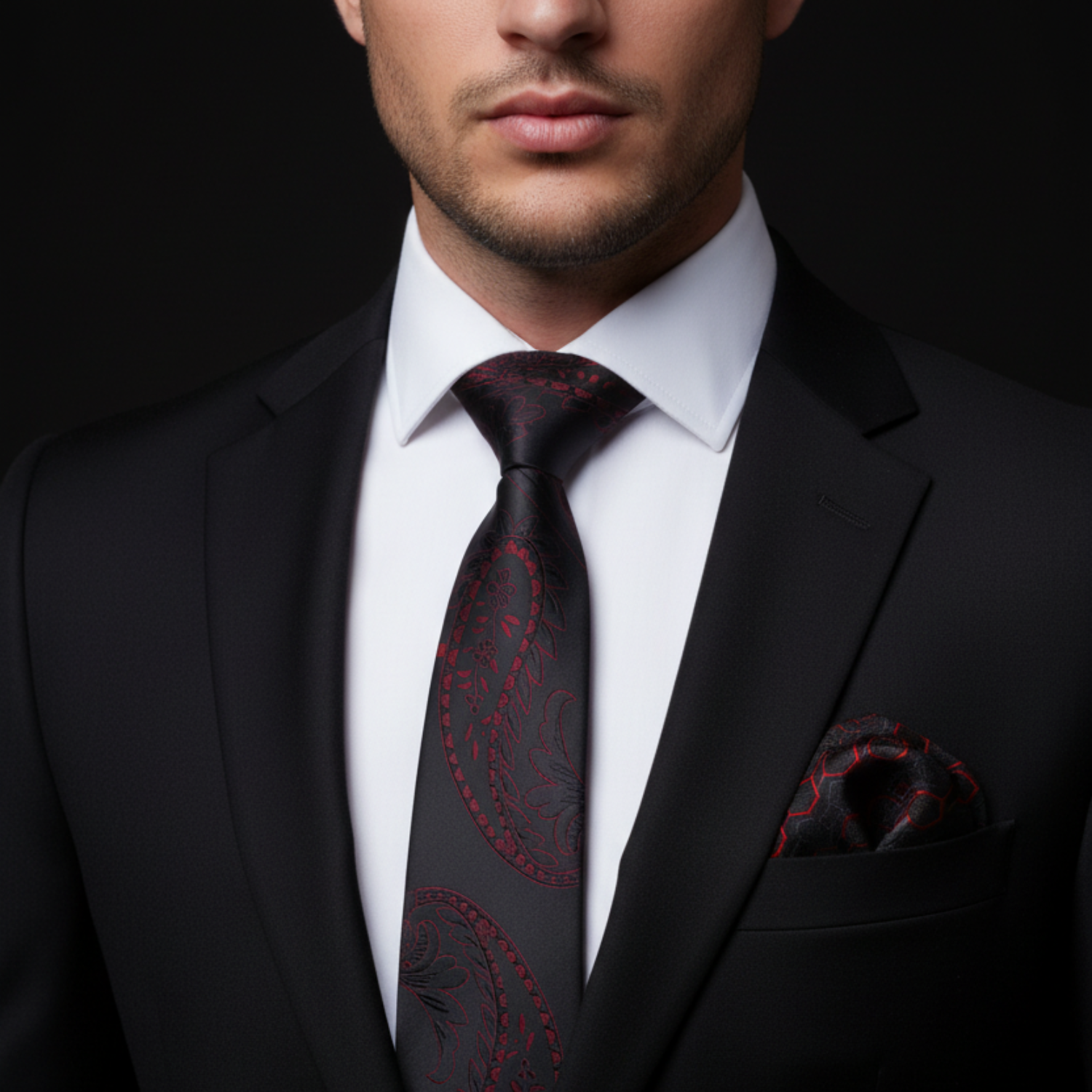 Man wearing a black suit with a red paisley tie and pocket square on a dark background