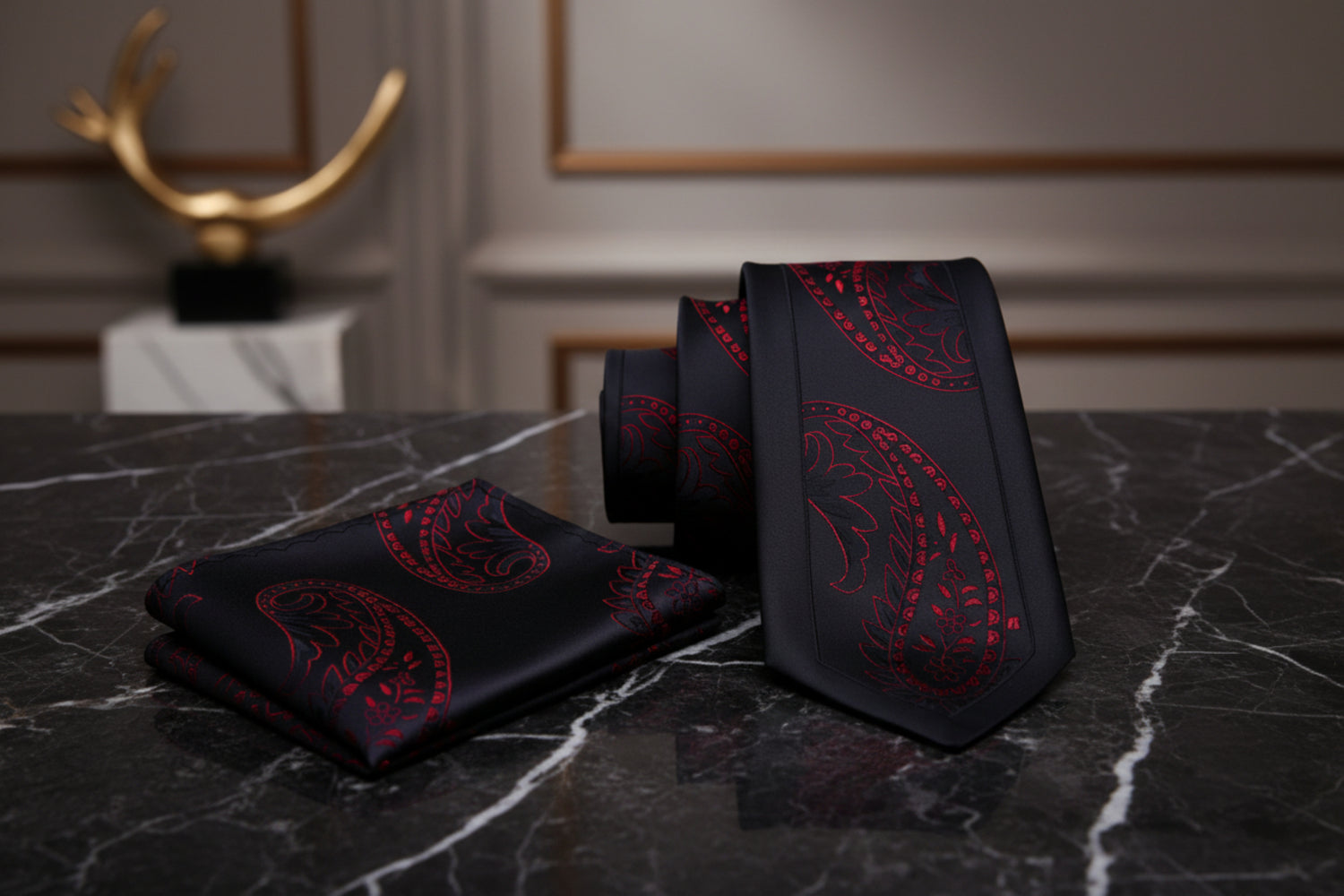 Black tie and pocket square set with red paisley pattern 