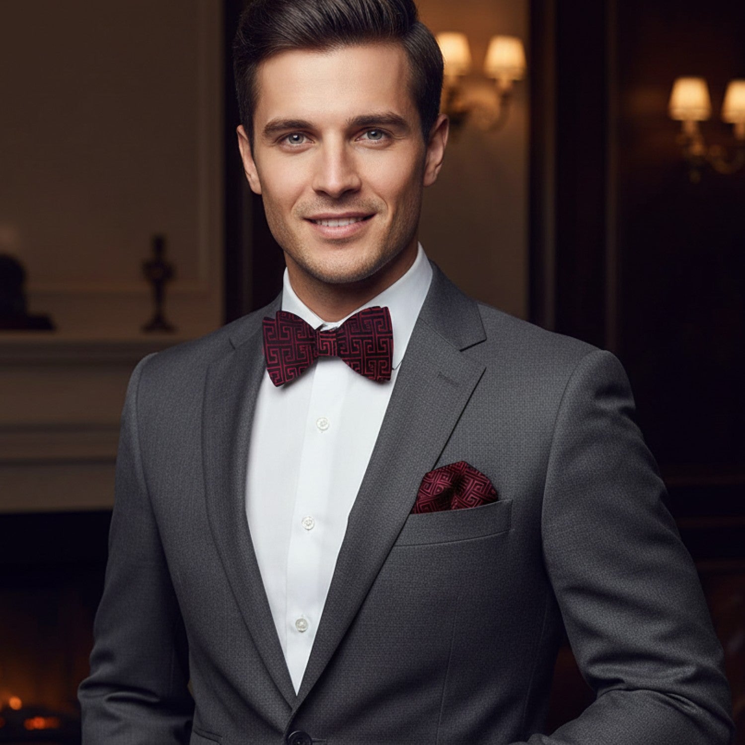 Man in a gray suit with a red bow tie and pocket square in an elegant indoor setting.