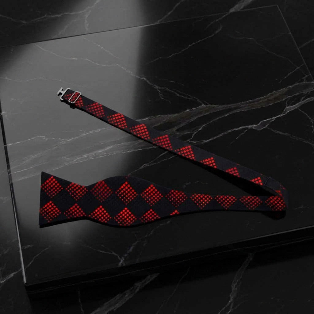 Black and red checkered bow tie on a dark marble surface