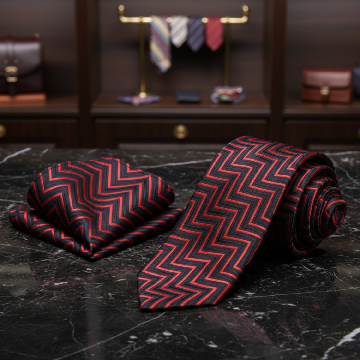 black red chevron tie and square on black marble table