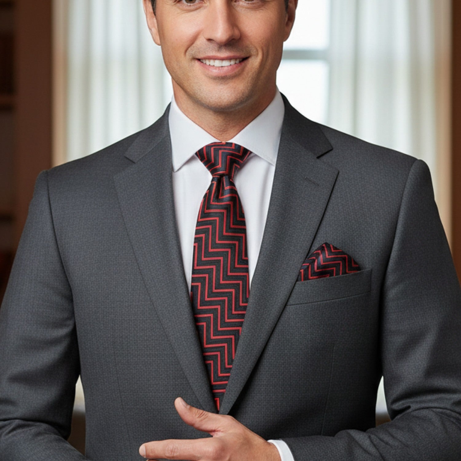 Man wearing a gray suit with a red and black patterned tie and pocket square.