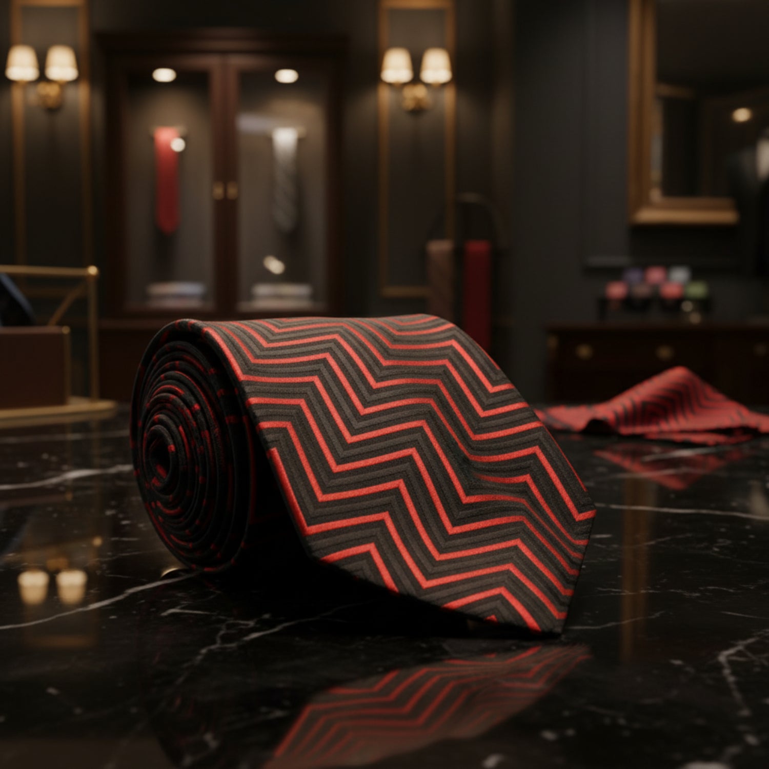 black red chevron tie  on black marble table