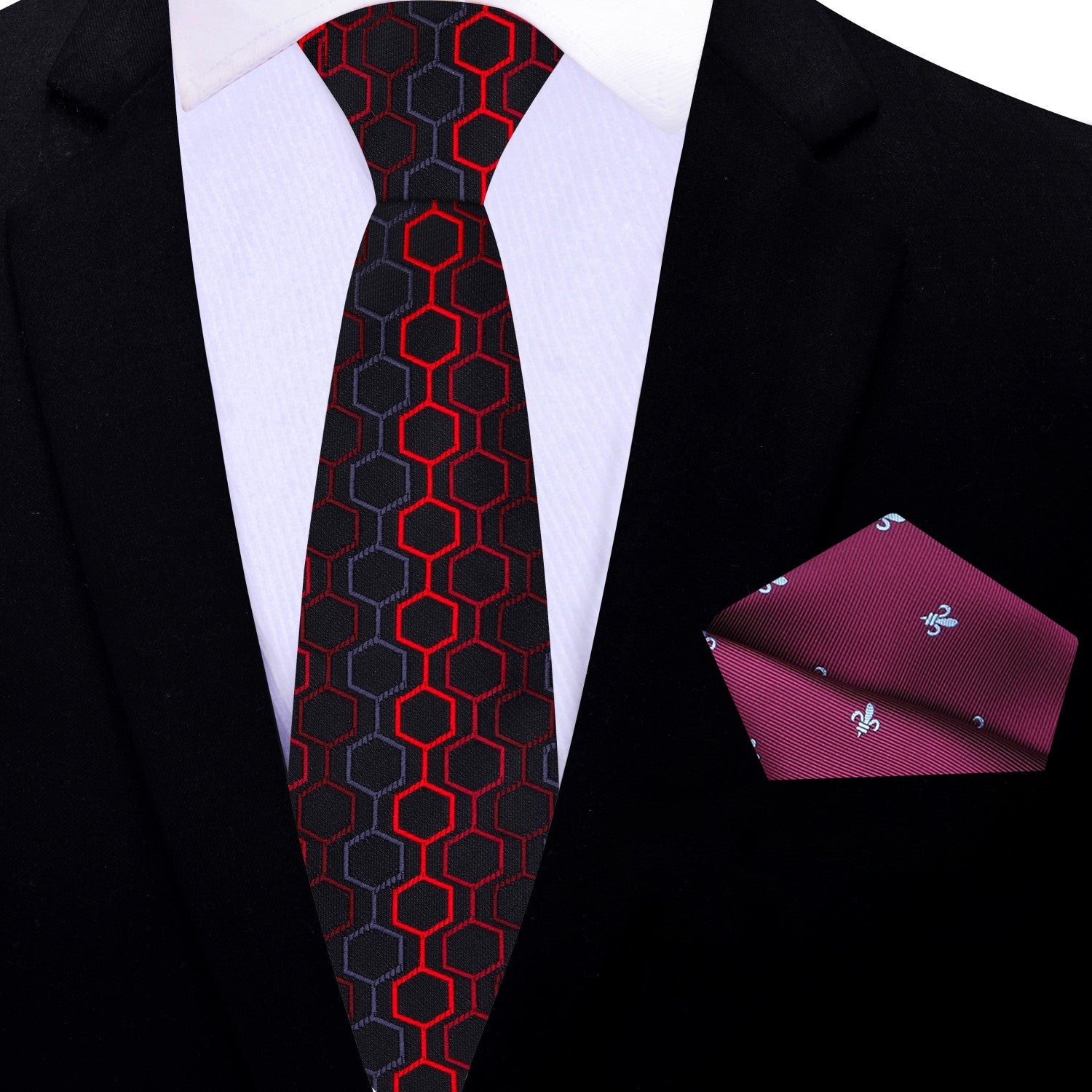 Thin Black, Red, Grey Geometric Necktie and Accenting Square