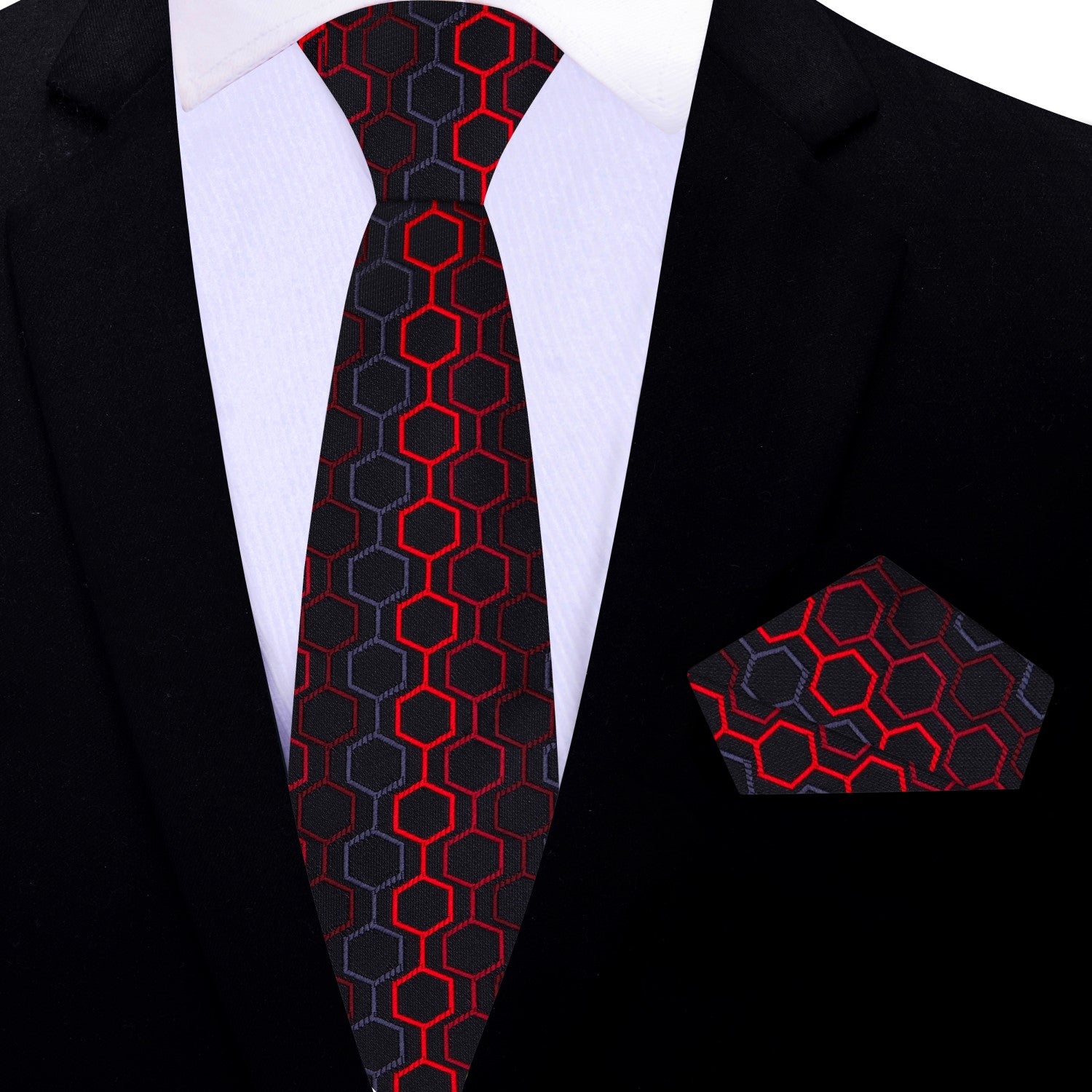 Thin Black, Red, Grey Geometric Necktie and Square