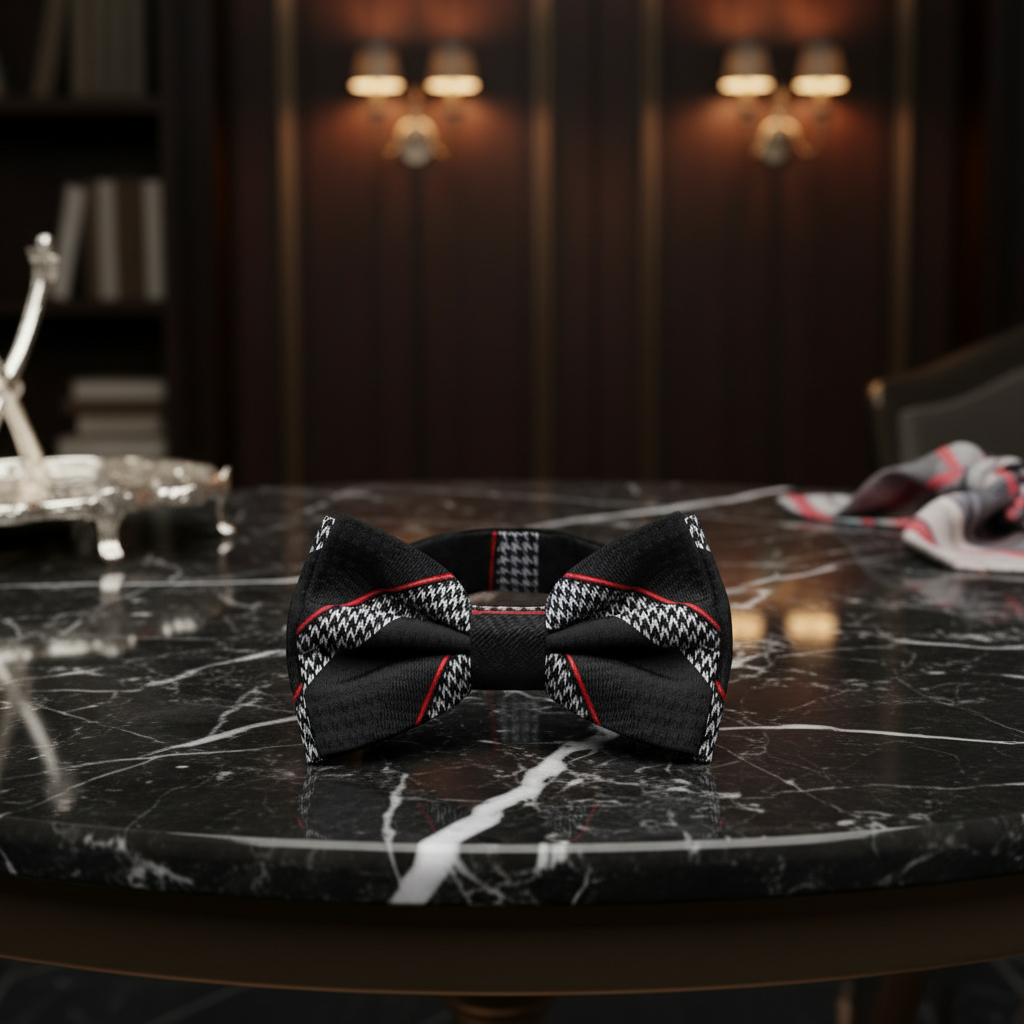 Pre Tied A Black, Red, Grey Houndstooth and Stripe Pattern Bow Tie