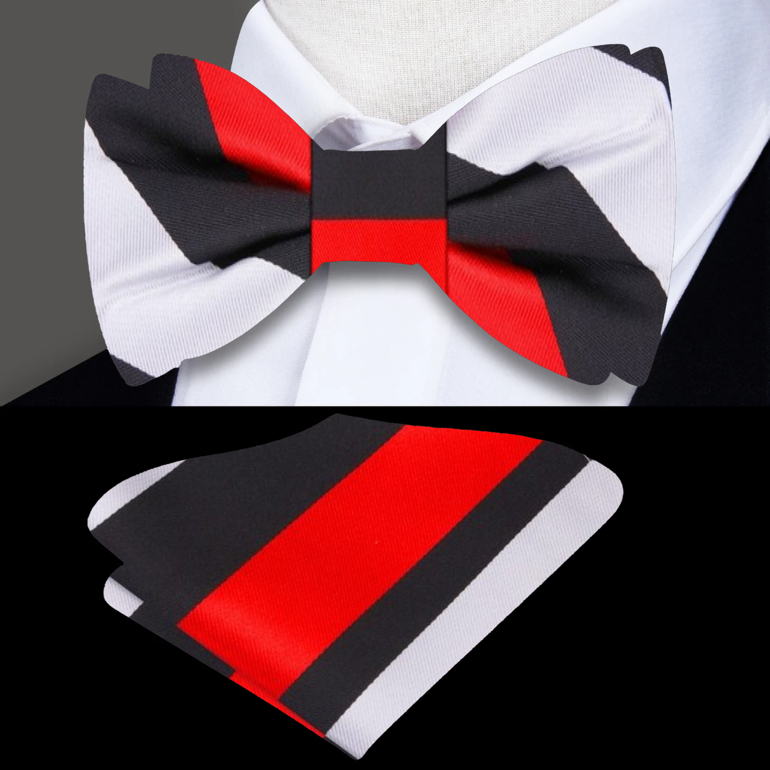 Red, Black, Pale Grey Stripe Bow Tie And Pocket Square||Black, Red