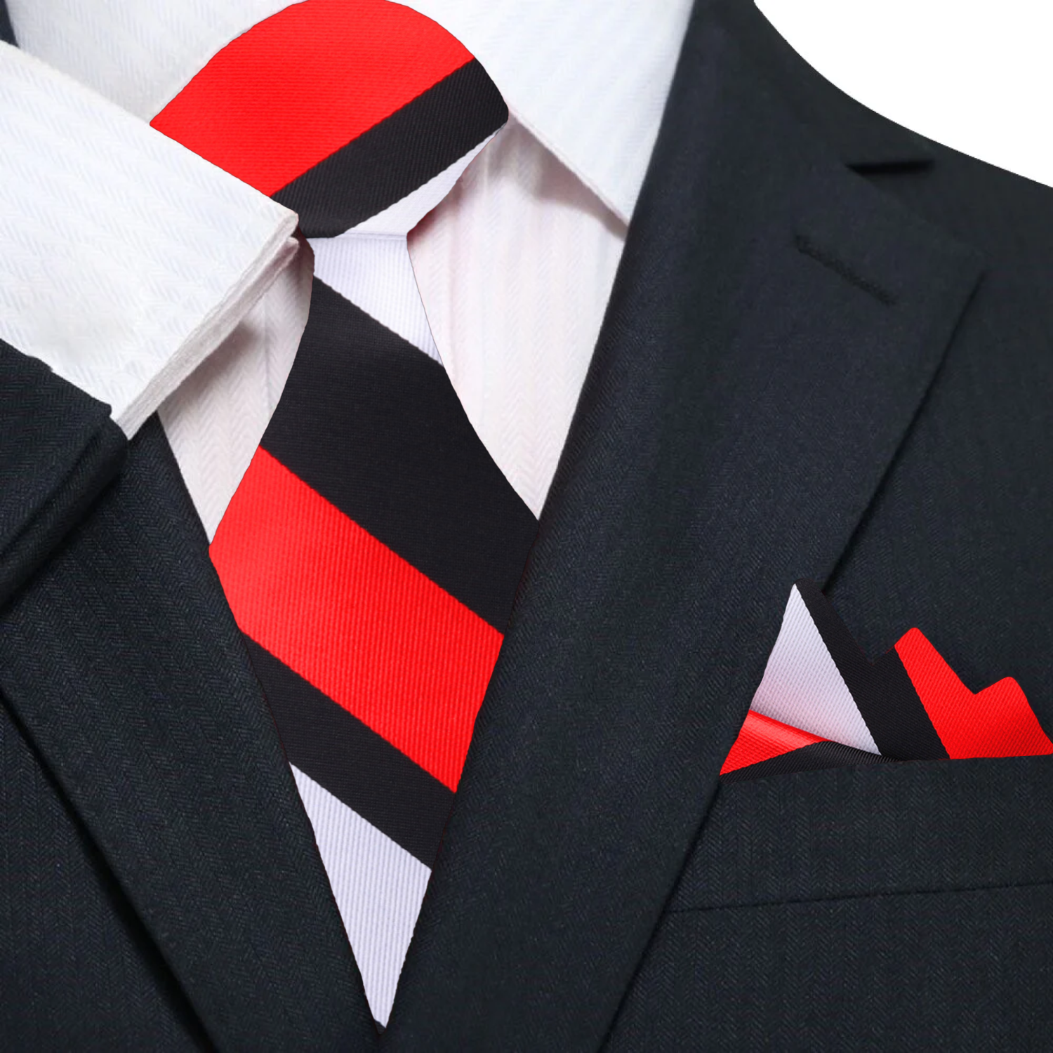 Red, Black, Pale Grey Stripe Tie and Pocket Square| 
