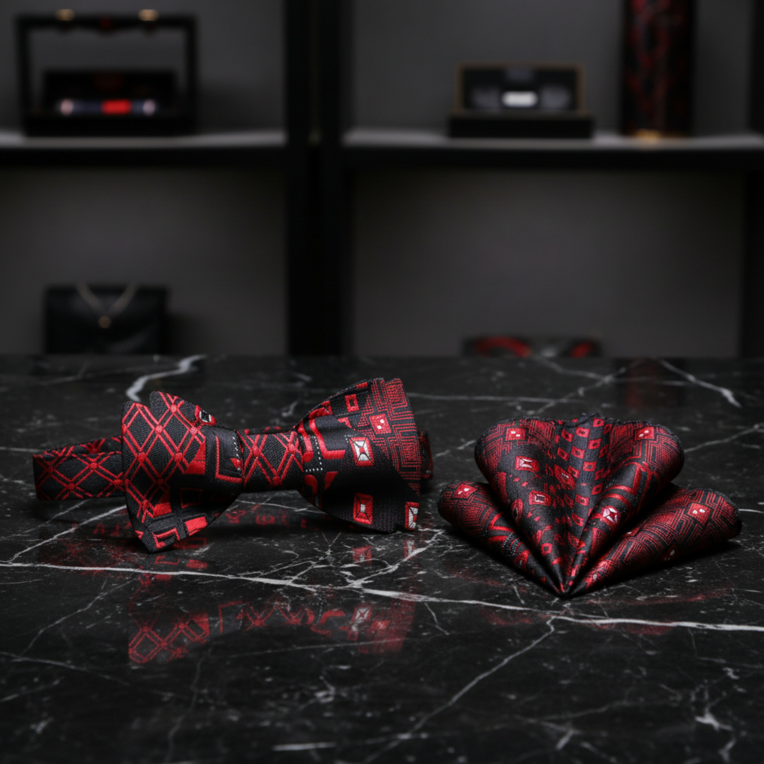 Black, Red Geometric Bow Tie and Pocket Square