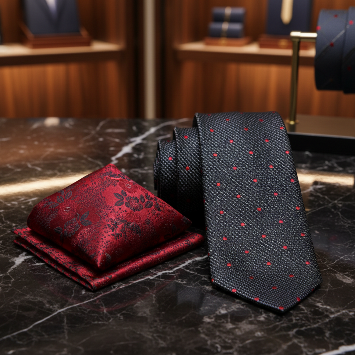 Alt Black, Red Polka Necktie and Accenting Square