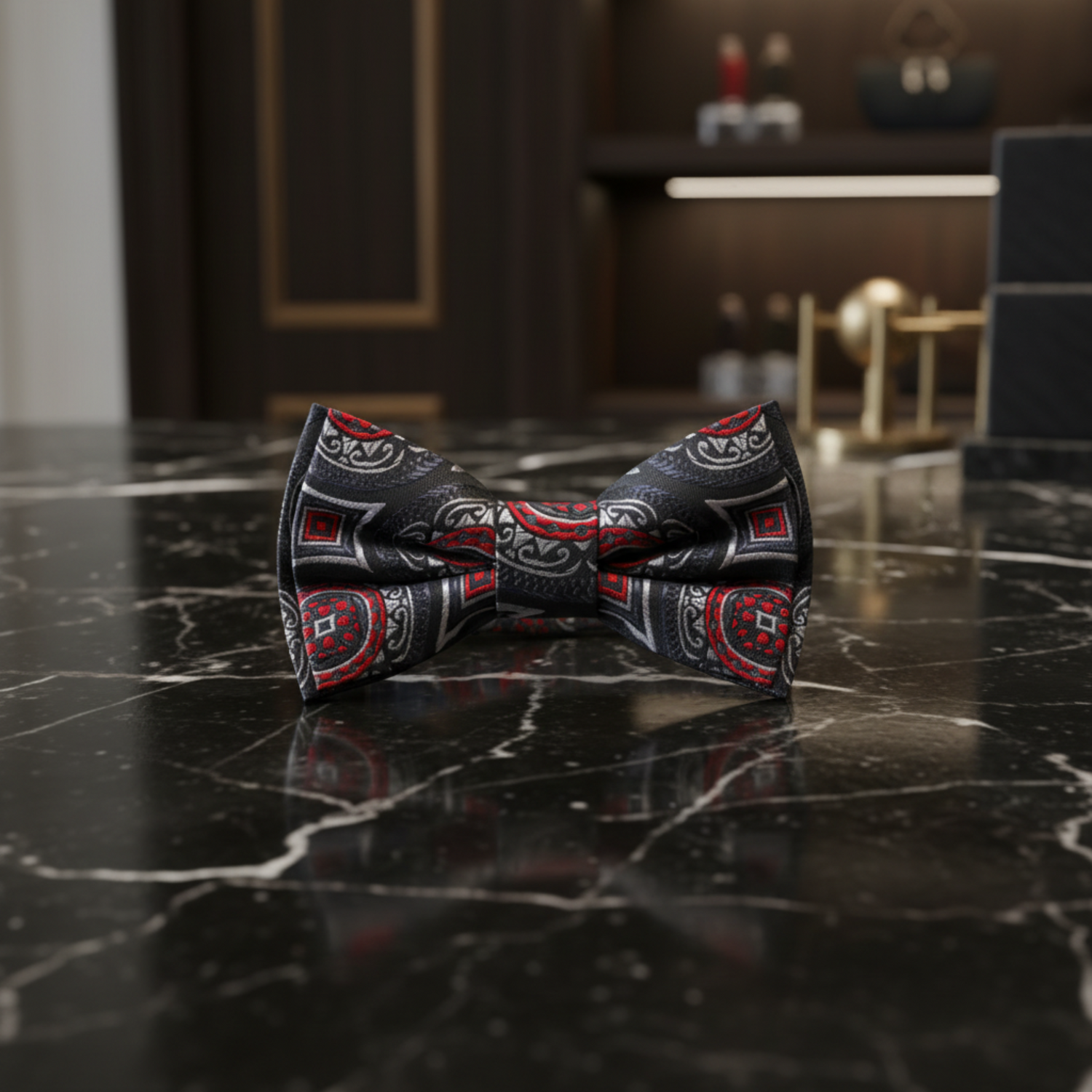 Boys Black Red Medallion Pre-Tied Bow Tie for Formal Outfits on marble