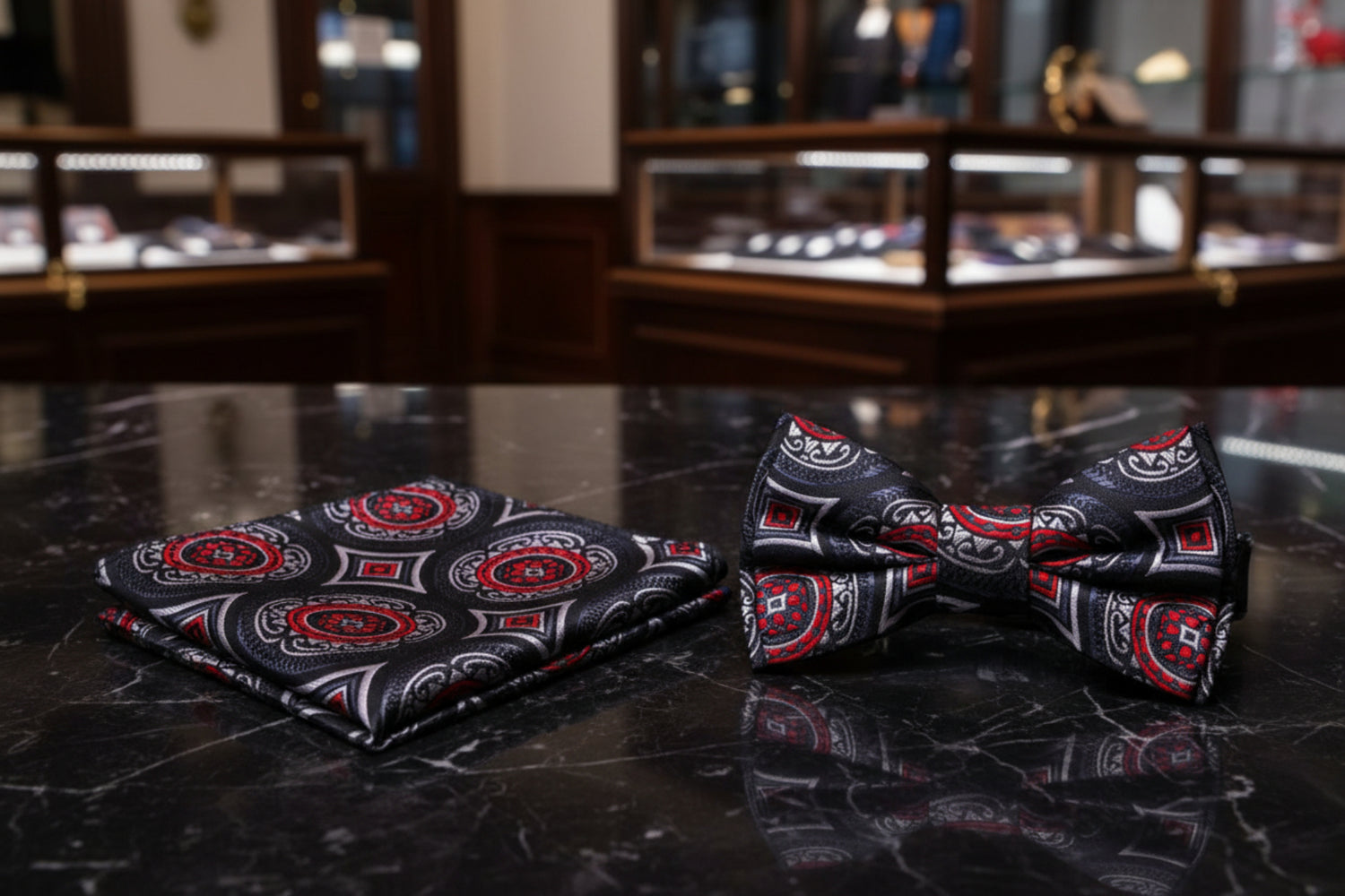 Black Red Medallion Pre-Tied Bow Tie and square