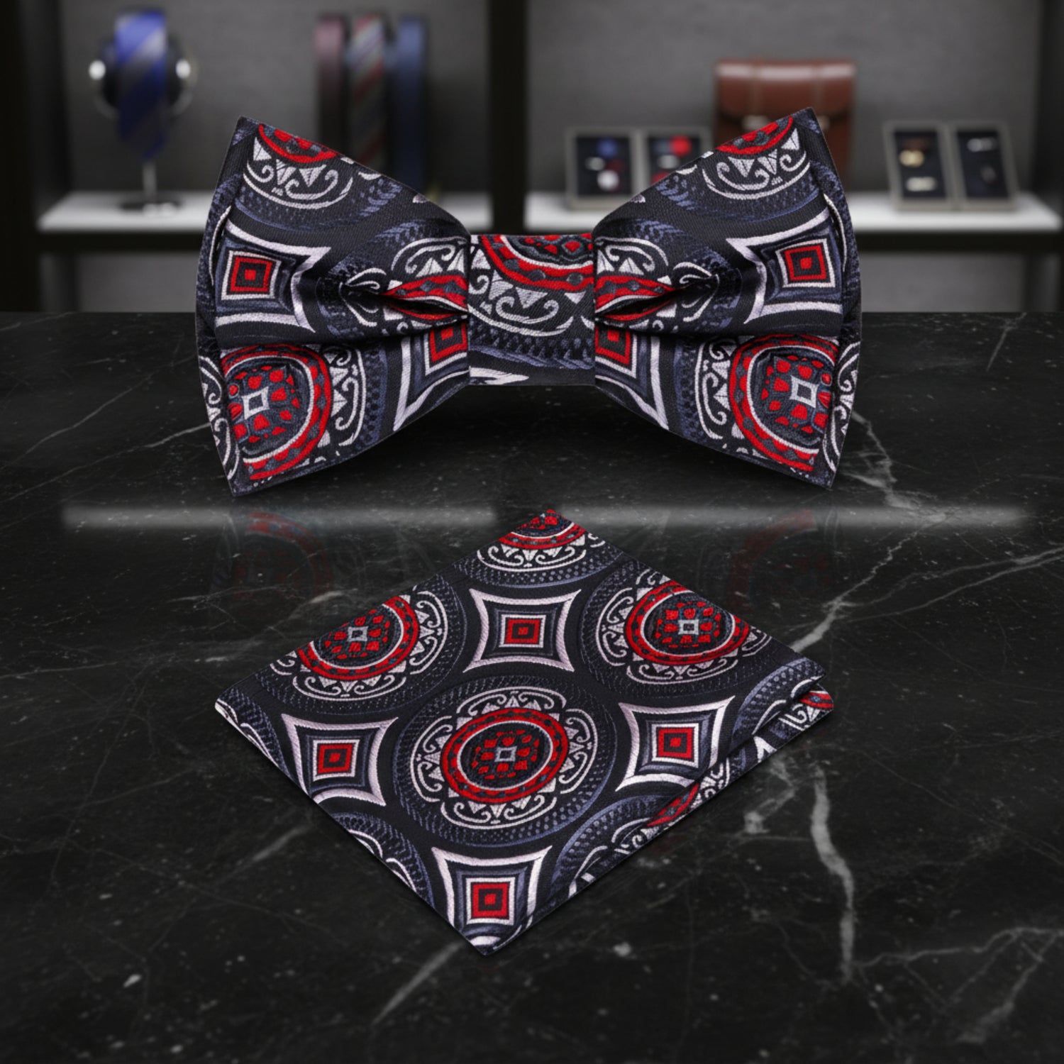 black red and grey medallion bow tie and square