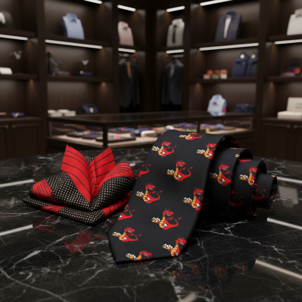 Alt Black, red and gold dragon butler necktie and accenting red square