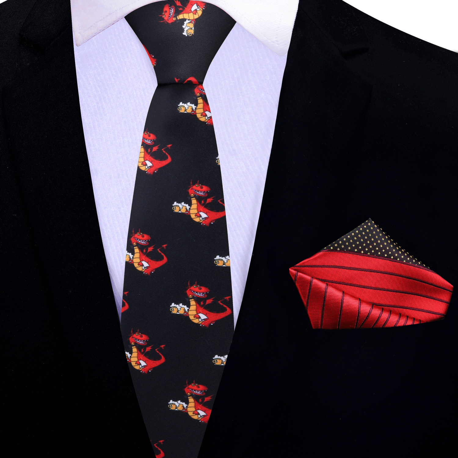 Thin Black, red and gold dragon butler necktie and accenting red square
