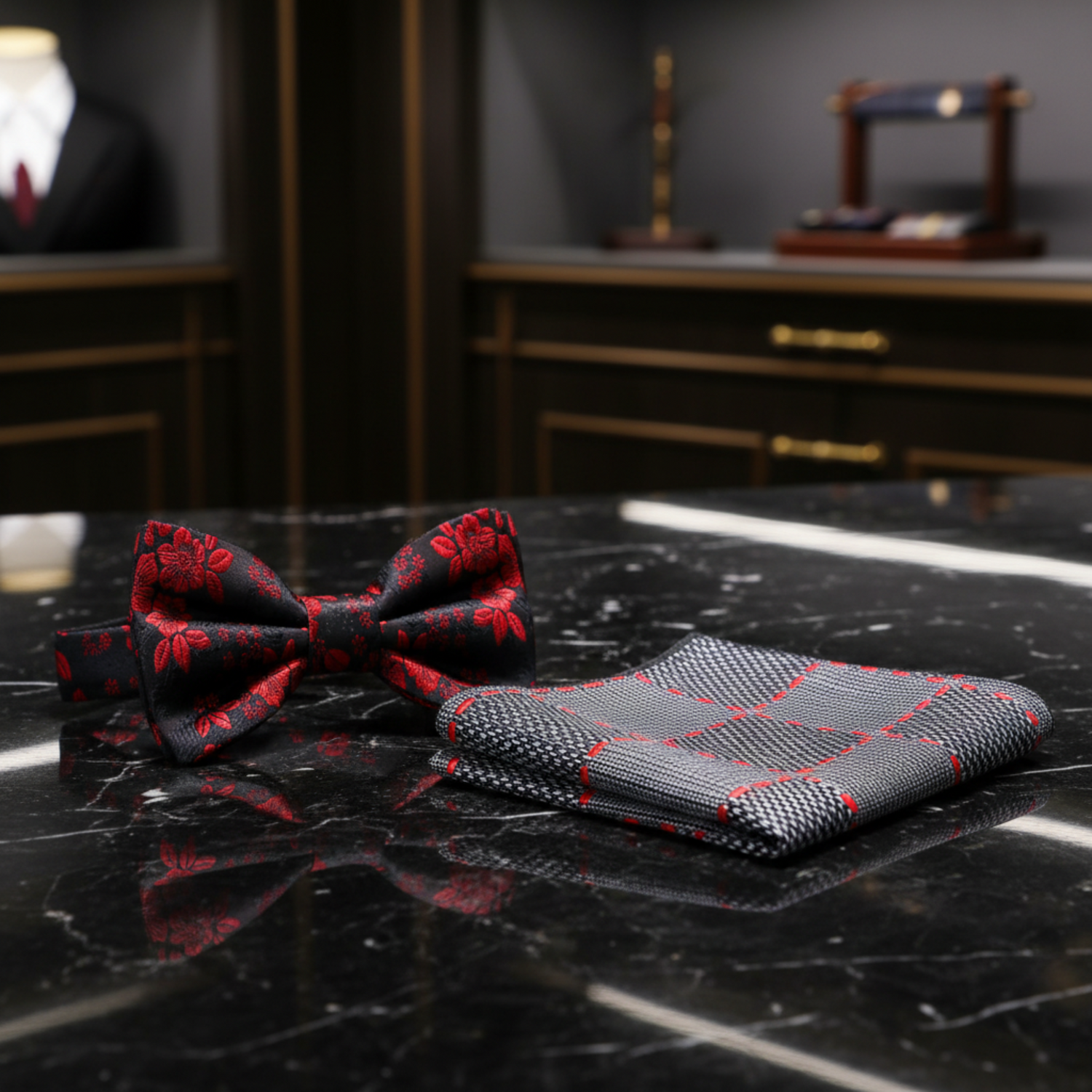 Black Red Original Floral Bow Tie and Plaid Square