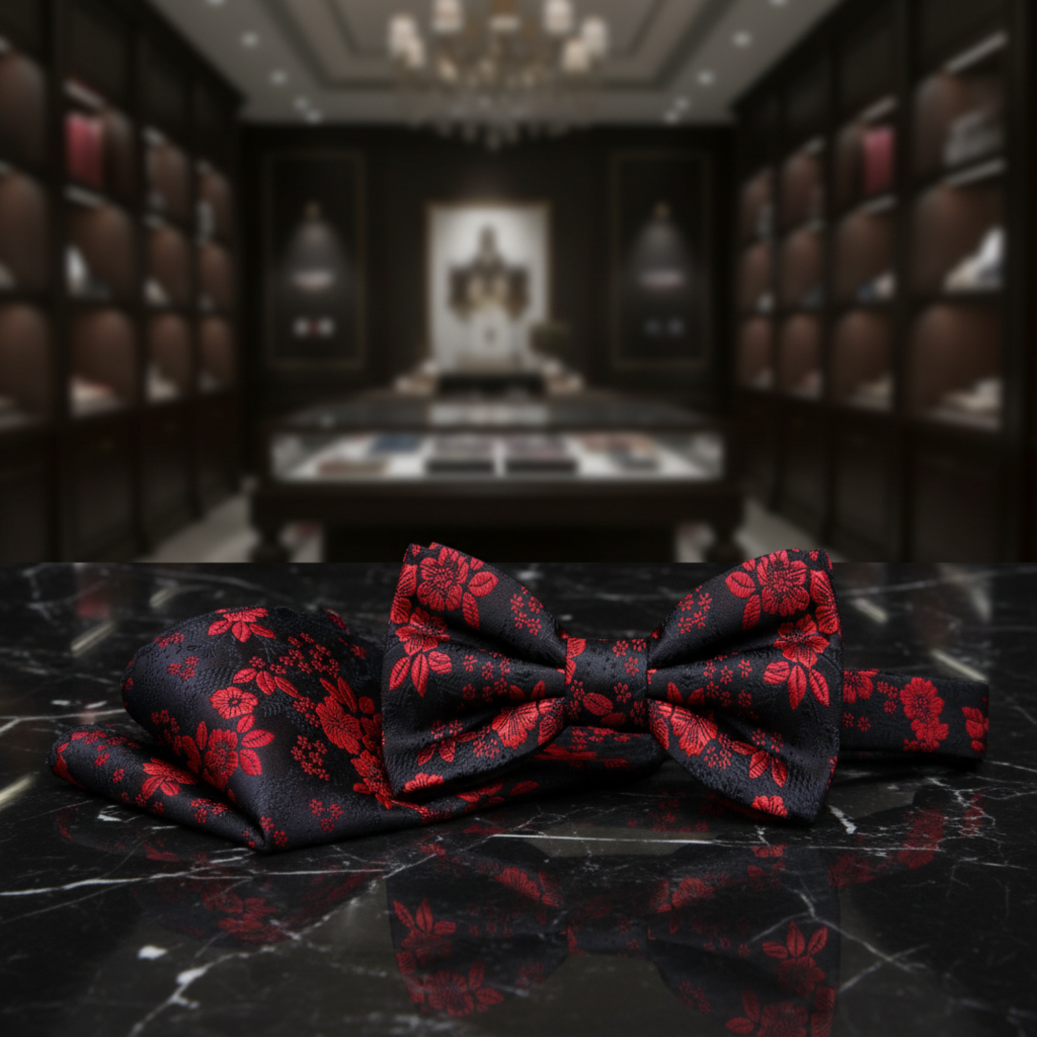 Black Red Original Floral Bow Tie and Square