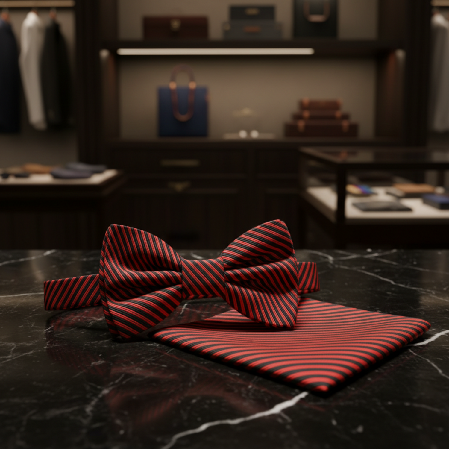 Red, Black Thin Stripe Bow Tie and Pocket Square