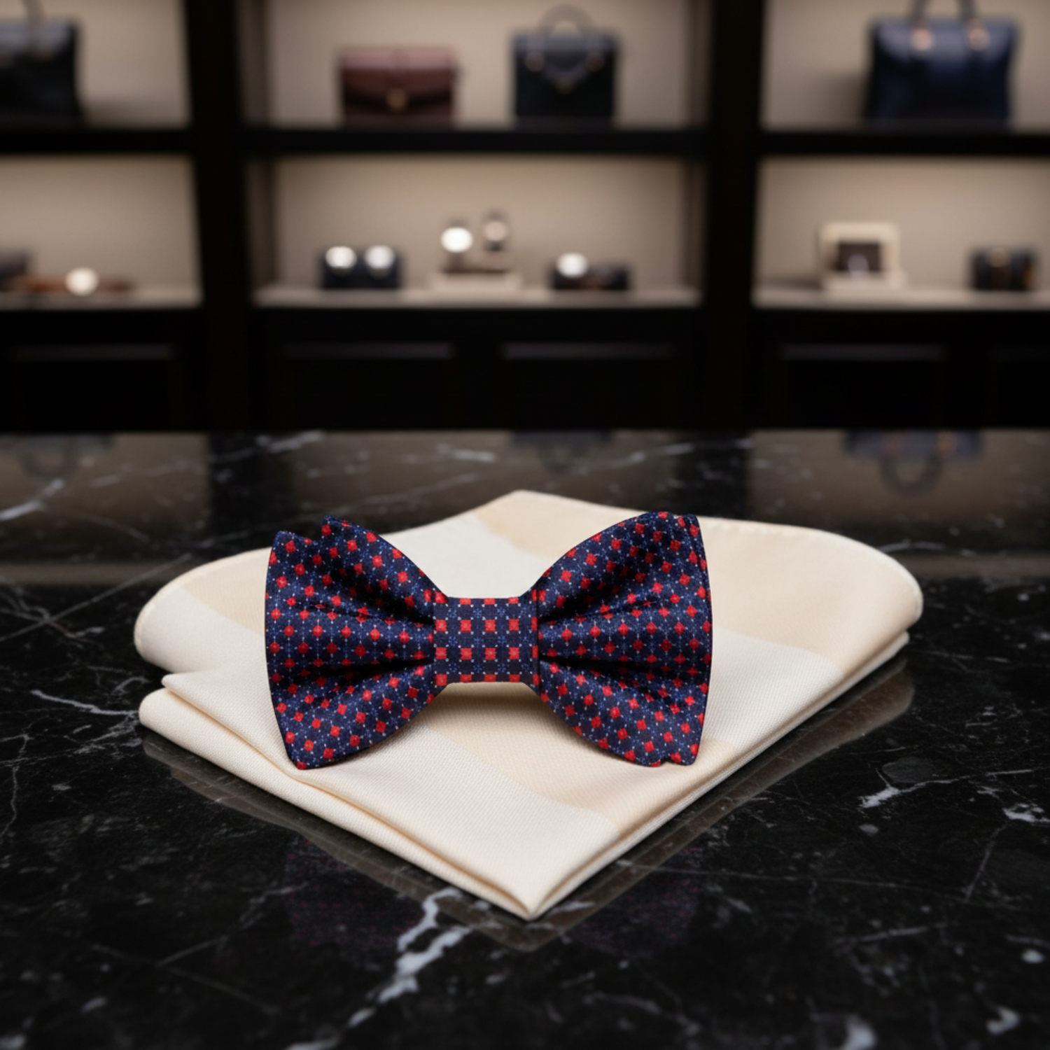 Red, Purple, Black Geometric Polka Bow Tie and Light Gold Cream Stripe Square