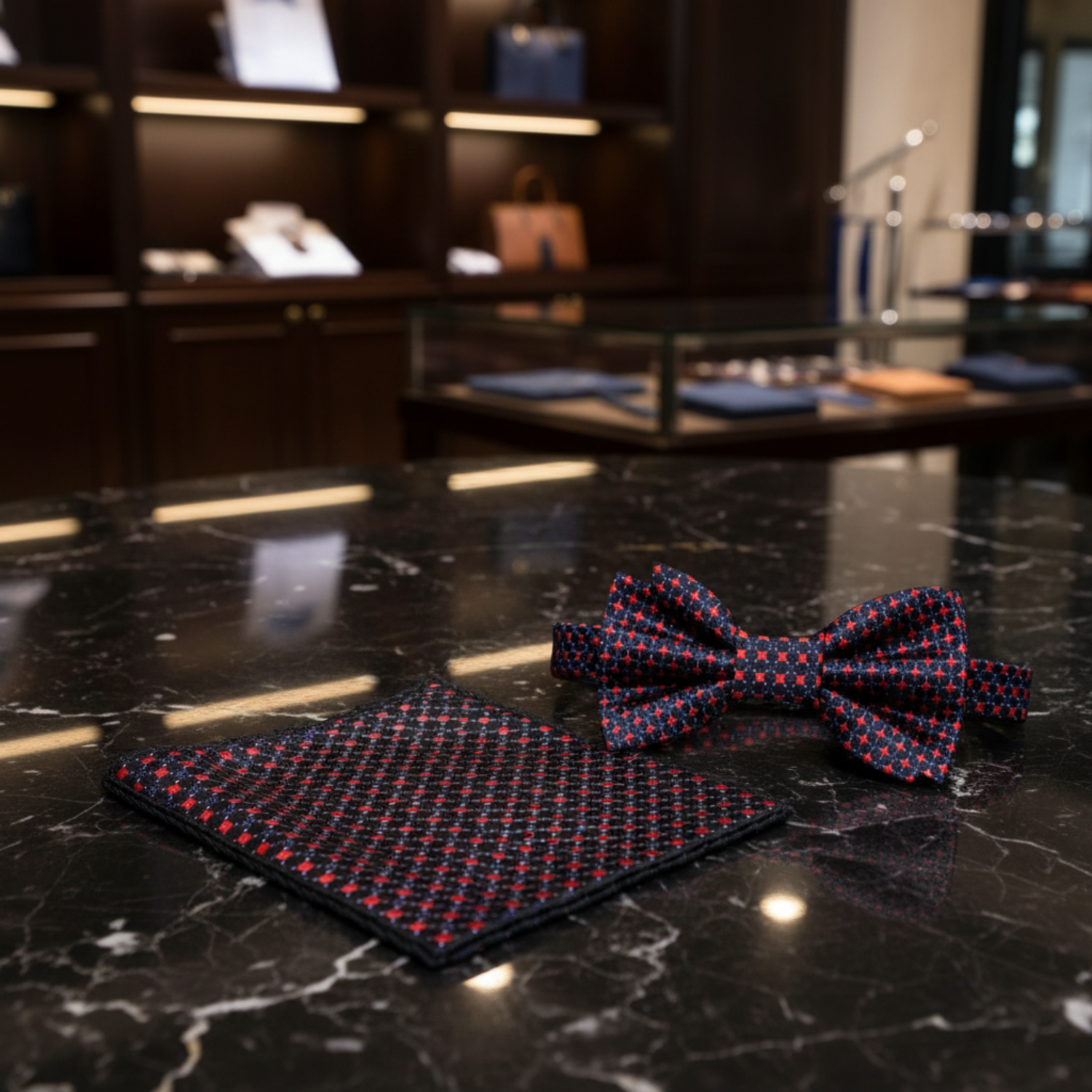 Black, Red, Purple Check Bow Tie and Square