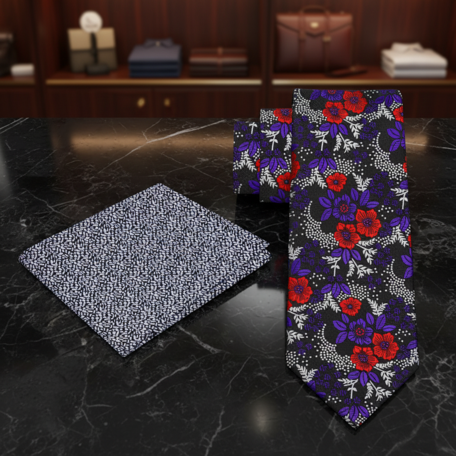 alt Black, Purple, Red, Light Silver Floral Necktie with Accenting Square