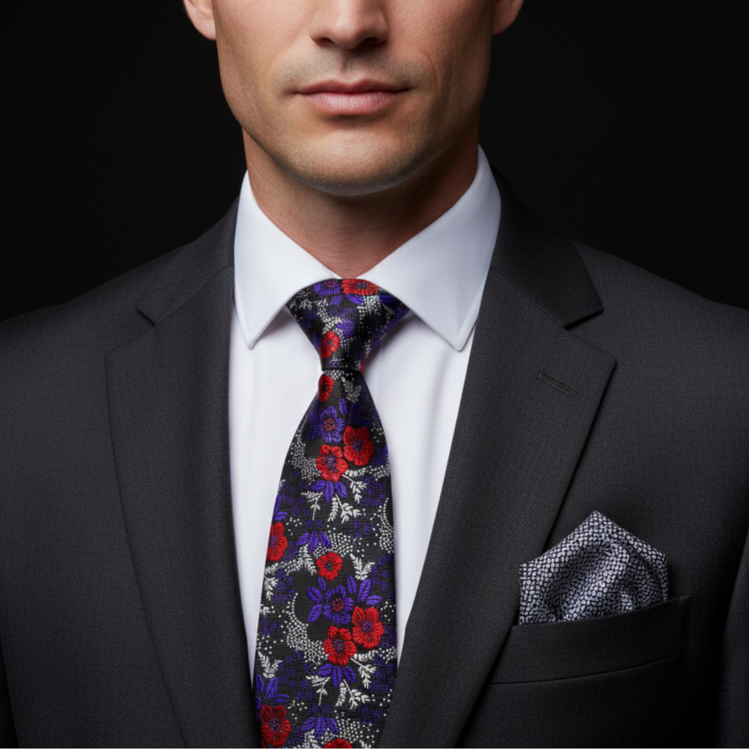 Man wearing a dark suit with a colorful floral tie and pocket square against a black background