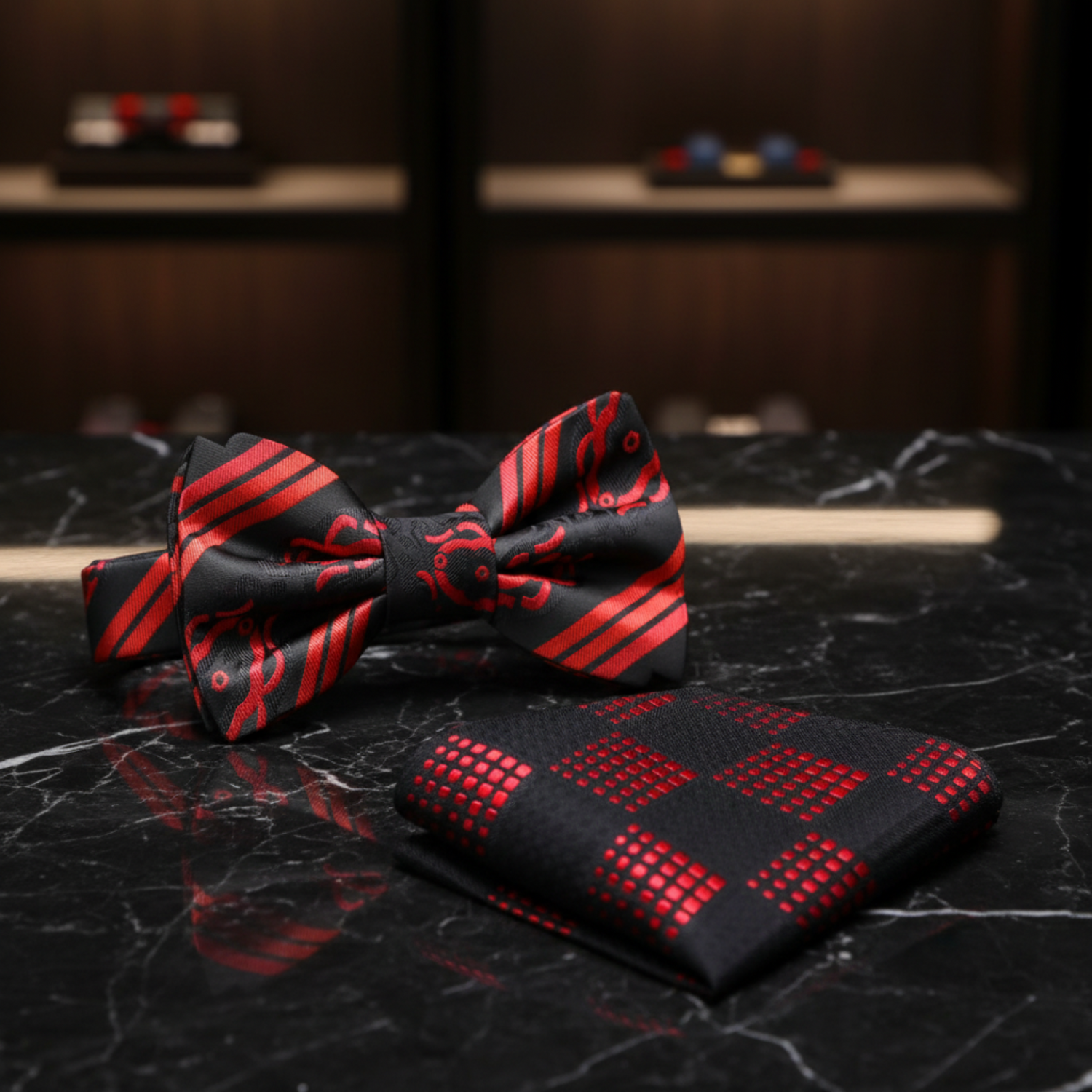 Black Red Abstract Bow Tie and Accenting Square