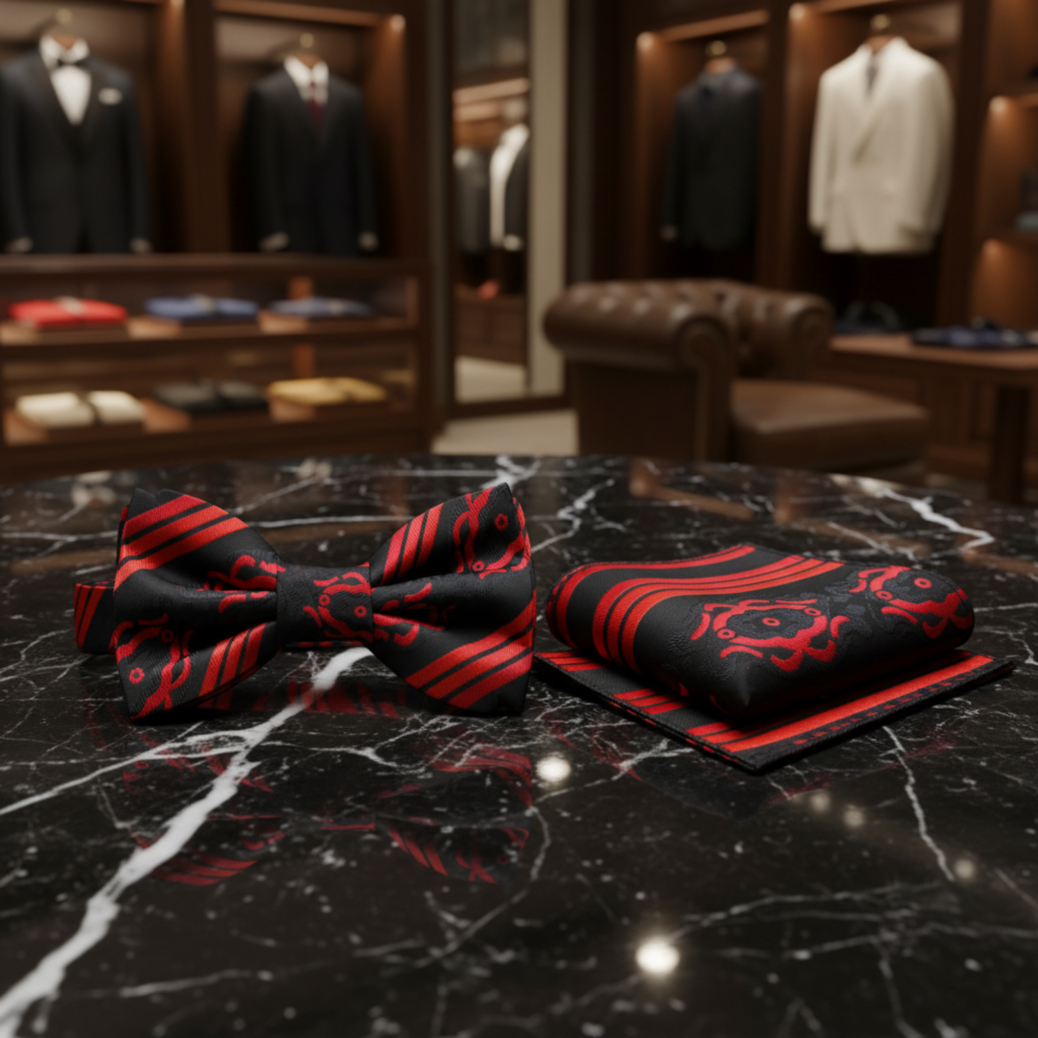 Black Red Scarab Bow Tie and Square