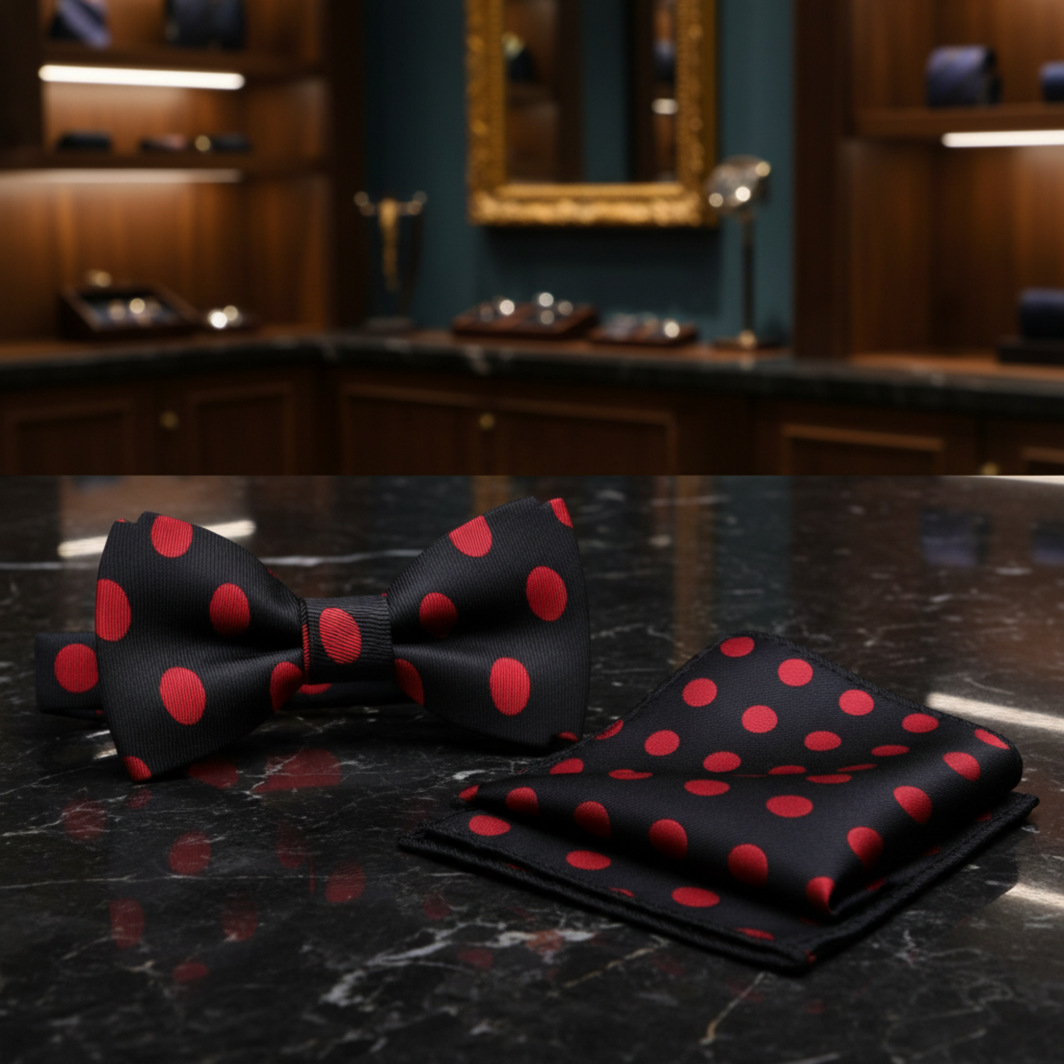 Main: A Black, Red Polka Pattern Pre Tied Bow Tie, Matching Pocket Square