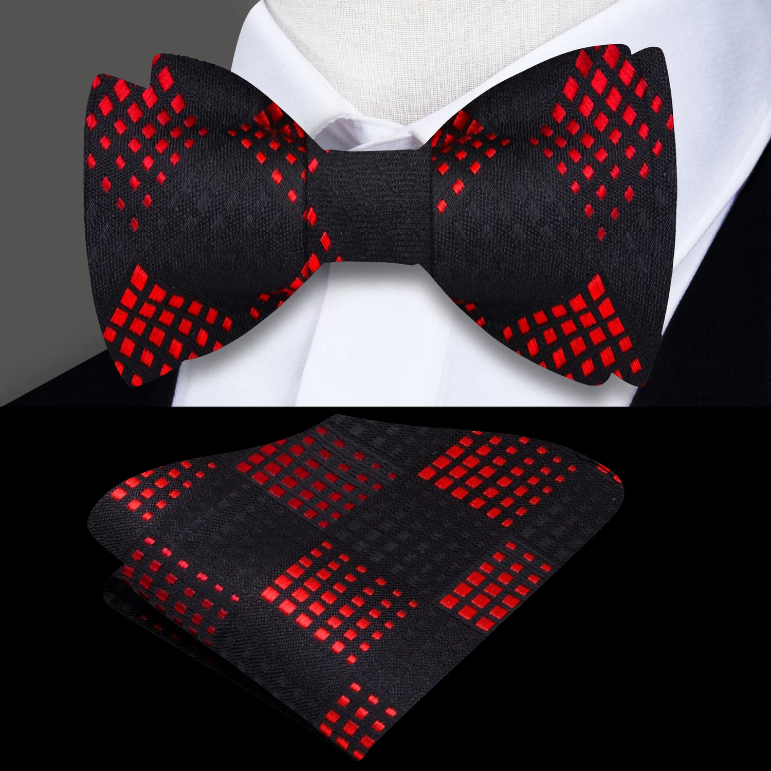 Main: A Black, Red Geometric Diamond Pattern Self-Tie Bow Tie, Matching Pocket Square
