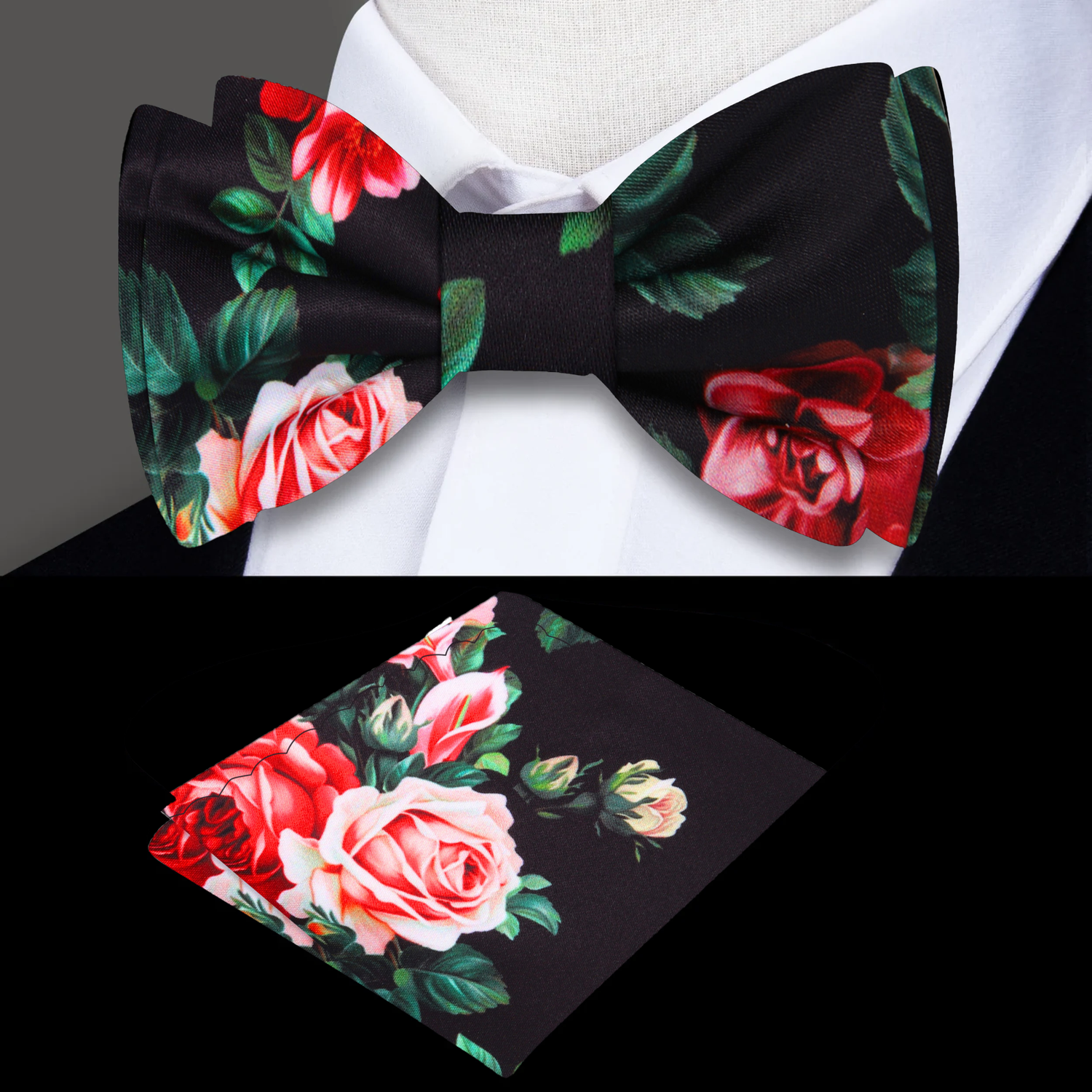 Main View: A Black Background with Red Roses and Green Petals Silk Self Tie Bow Tie, Matching Pocket Square||Black with Red, Pink Floral
