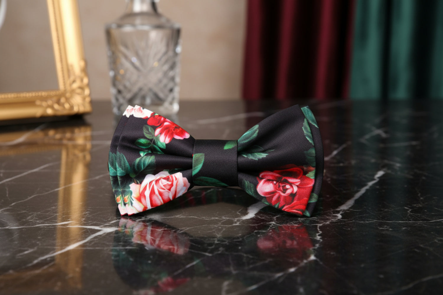 A Black Background with Red Roses and Green Petals Self Tie Bow Tie Pre Tied